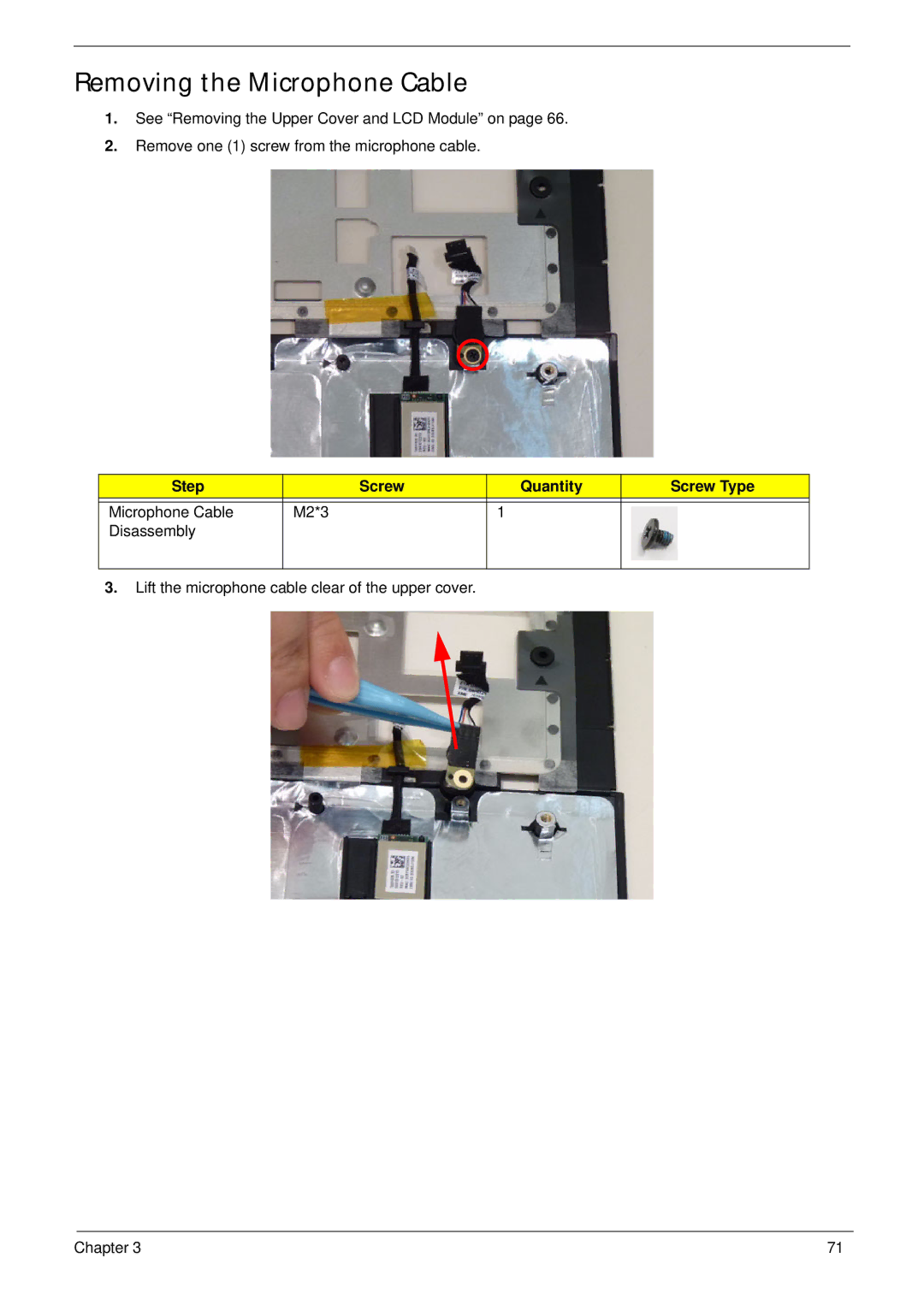 Aspire Digital 8943G manual Removing the Microphone Cable, Step Screw Quantity Screw Type 