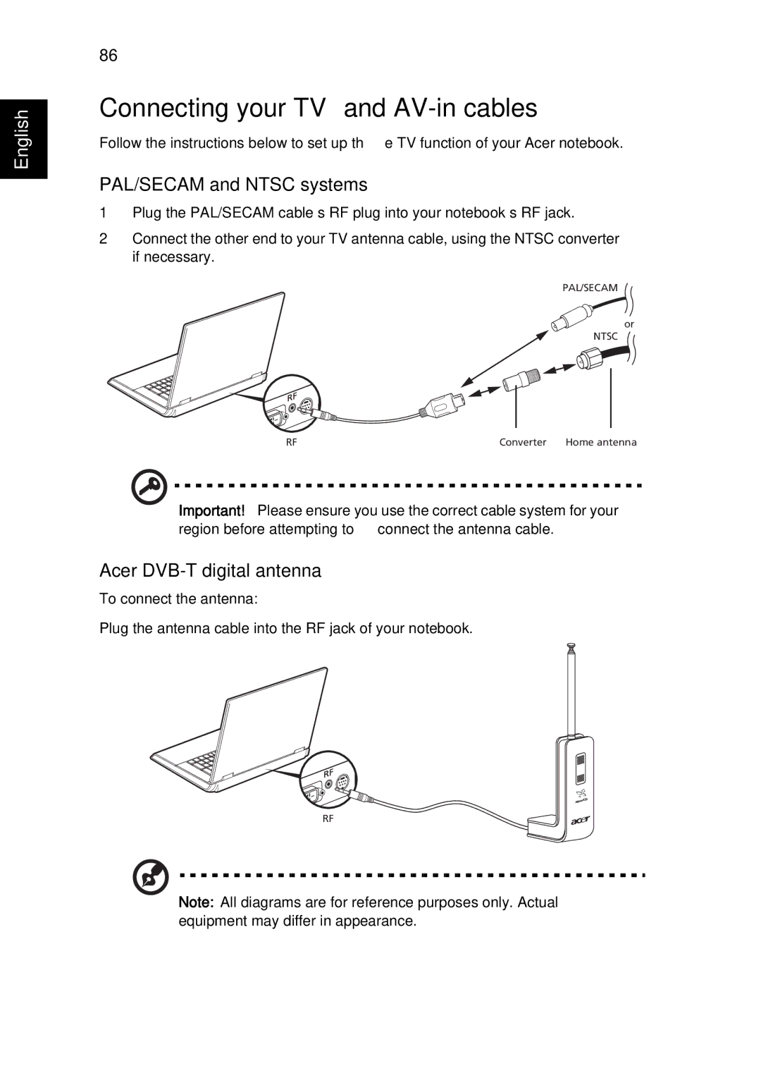 Aspire Digital 9810, 9800 manual Connecting your TV and AV-in cables, PAL/SECAM and Ntsc systems, Acer DVB-T digital antenna 