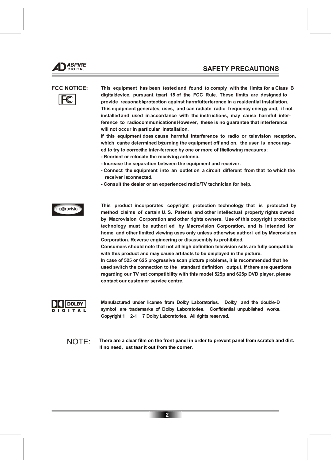 Aspire Digital AD-N820B owner manual FCC Notice 