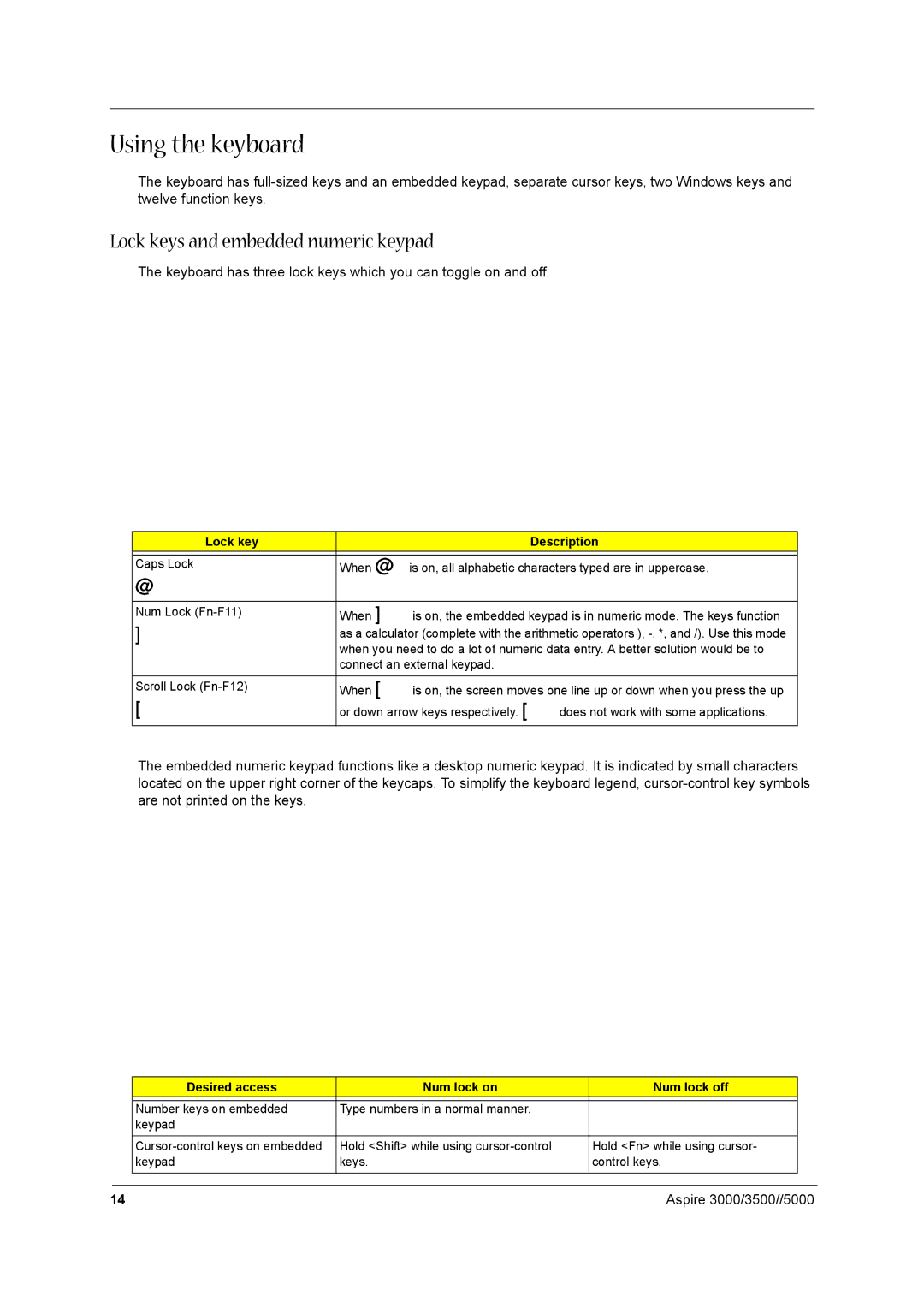 Aspire Digital aspire series manual Using the keyboard, Lock keys and embedded numeric keypad, Lock key Description 