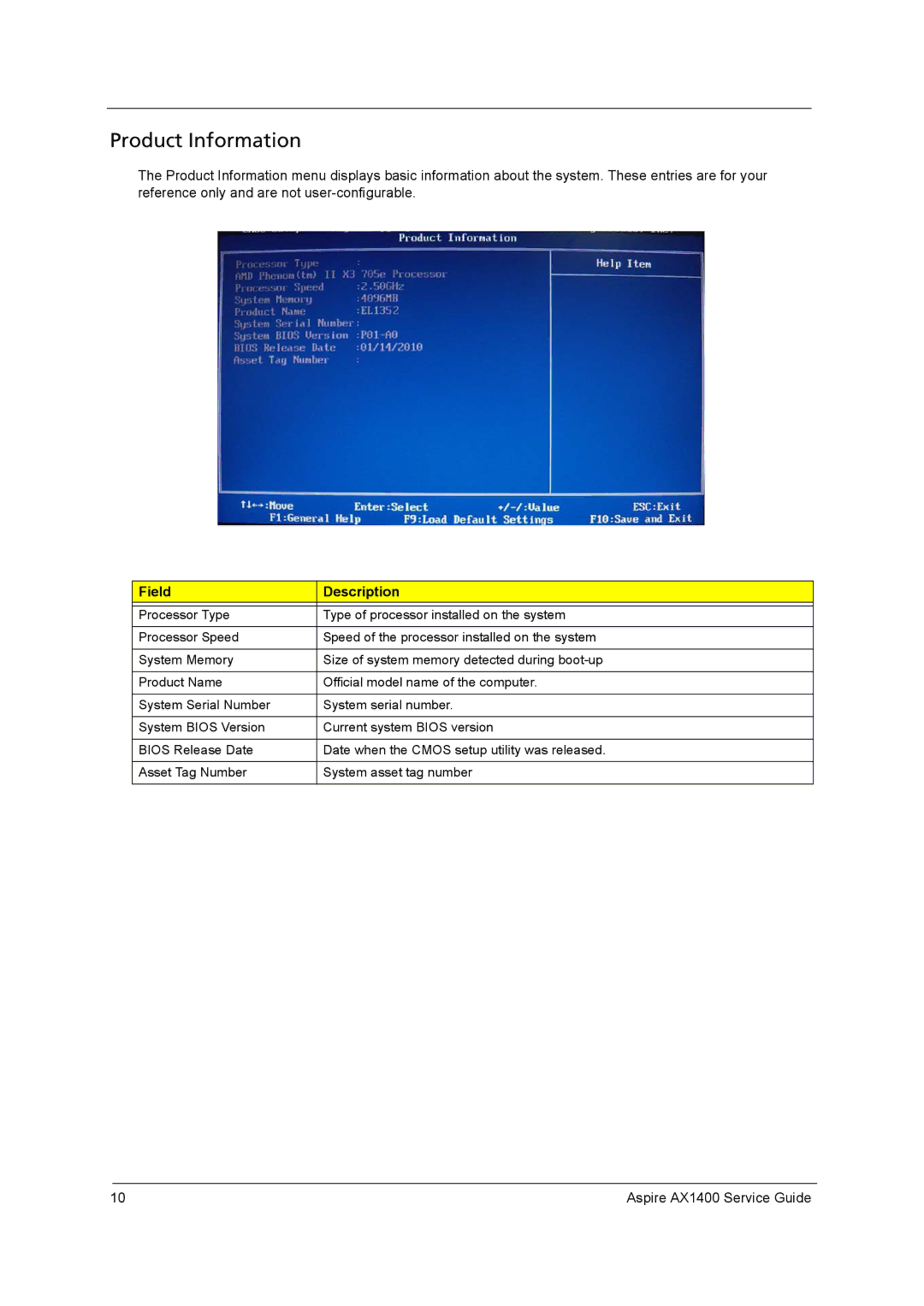 Aspire Digital AX1400 manual Product Information, Field Description 