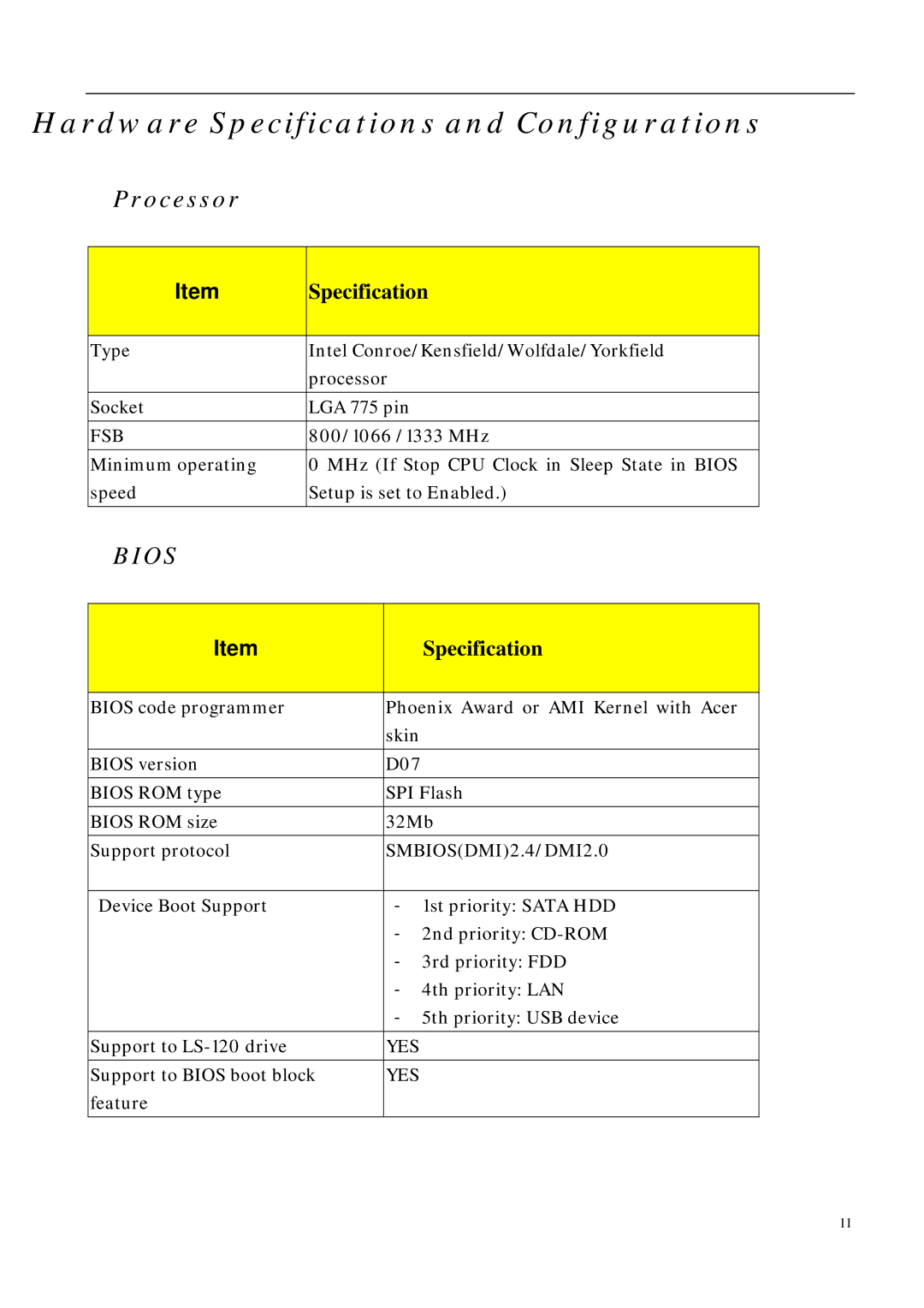 Aspire Digital M 5700 manual Hardware Specifications and Configurations, Processor 