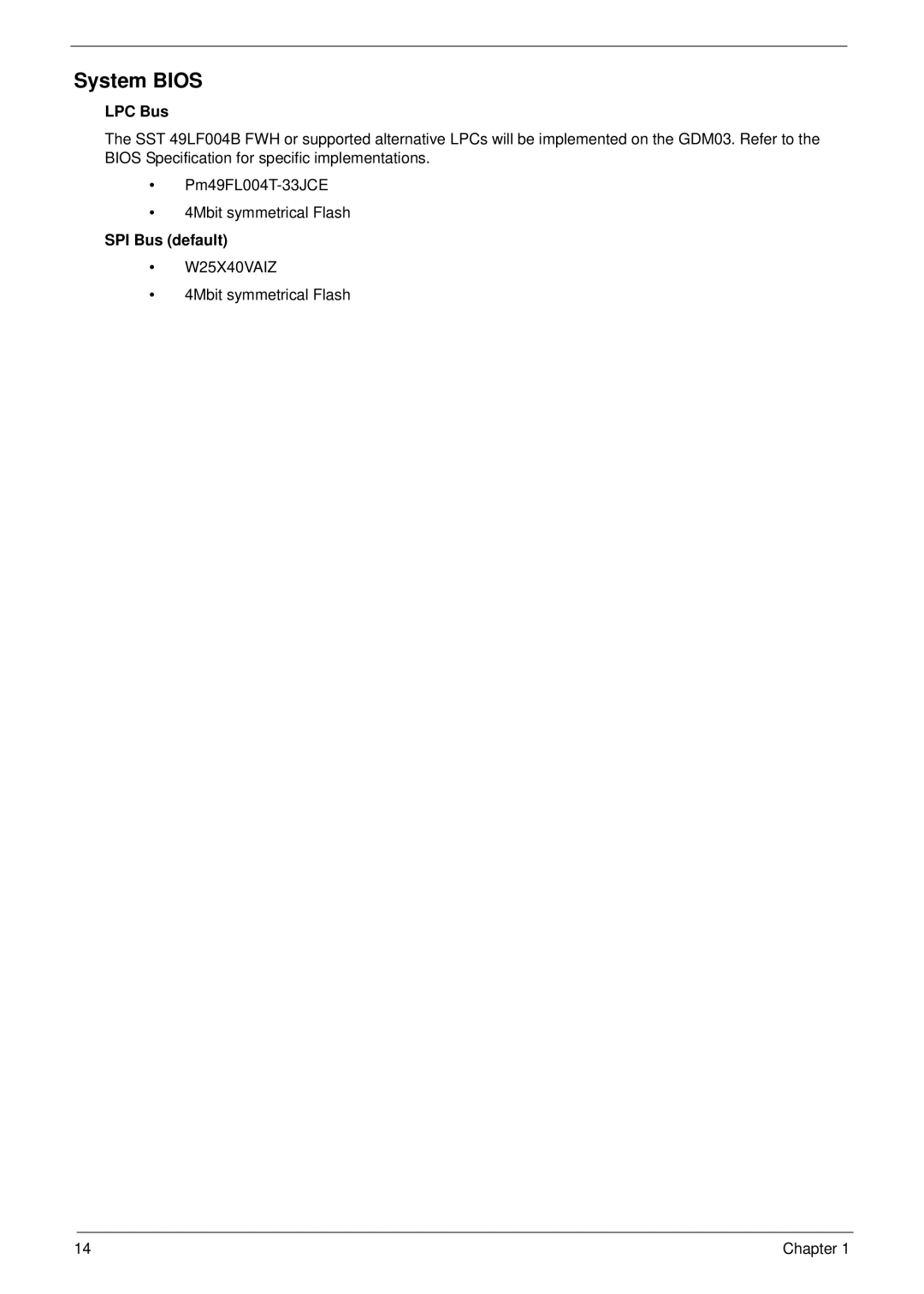 Aspire Digital M1610, M261 manual System Bios, LPC Bus 