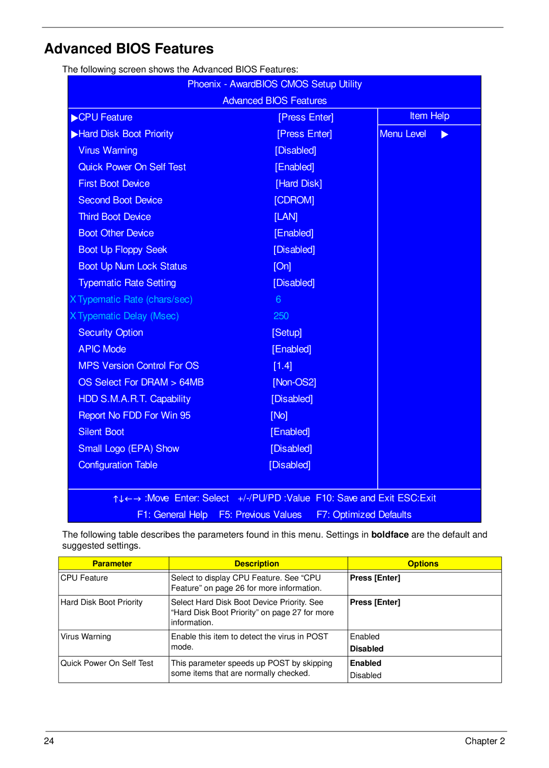 Aspire Digital M1610, M261 manual Advanced Bios Features, Press Enter, Disabled, Enabled 