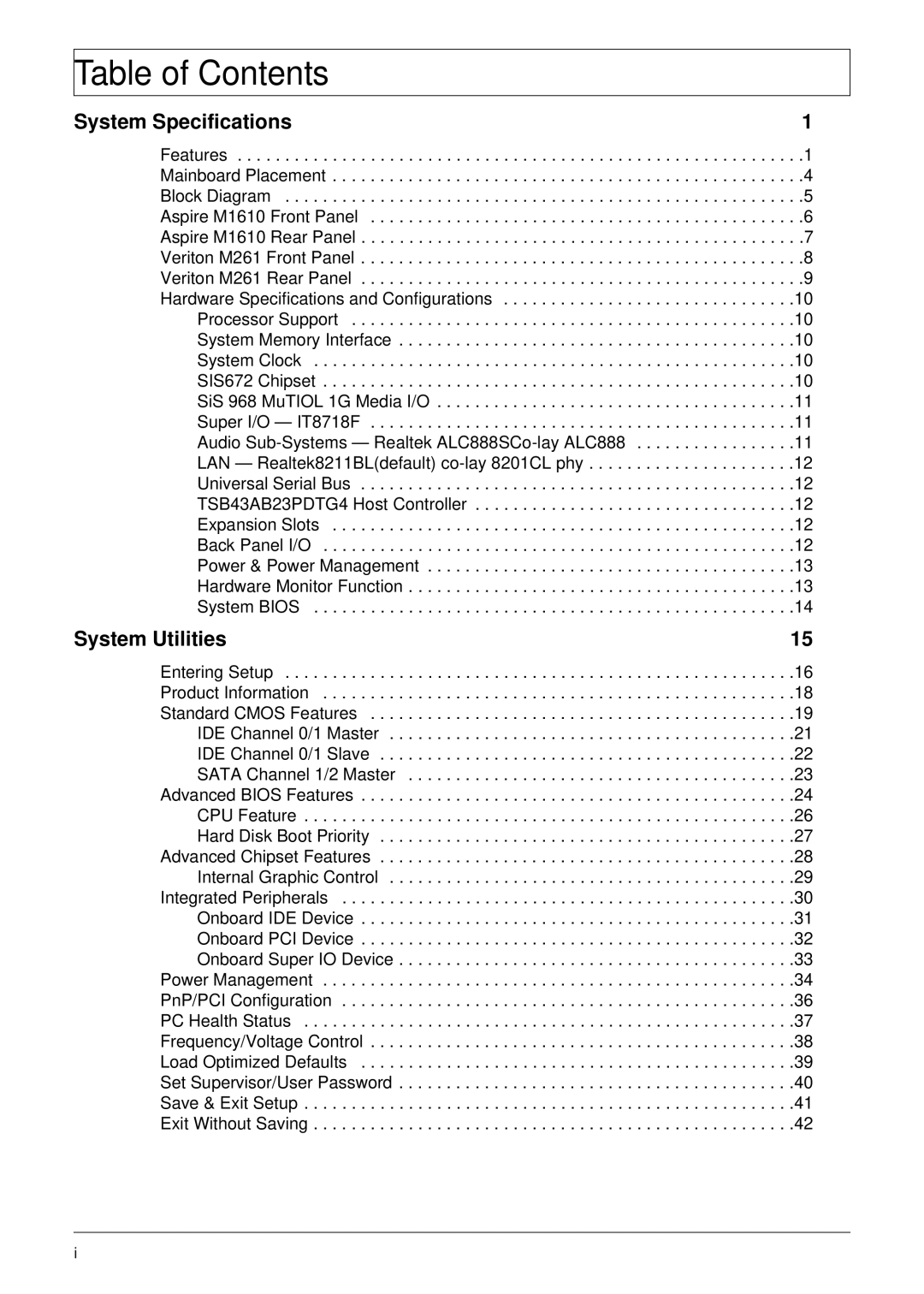 Aspire Digital M261, M1610 manual Table of Contents 