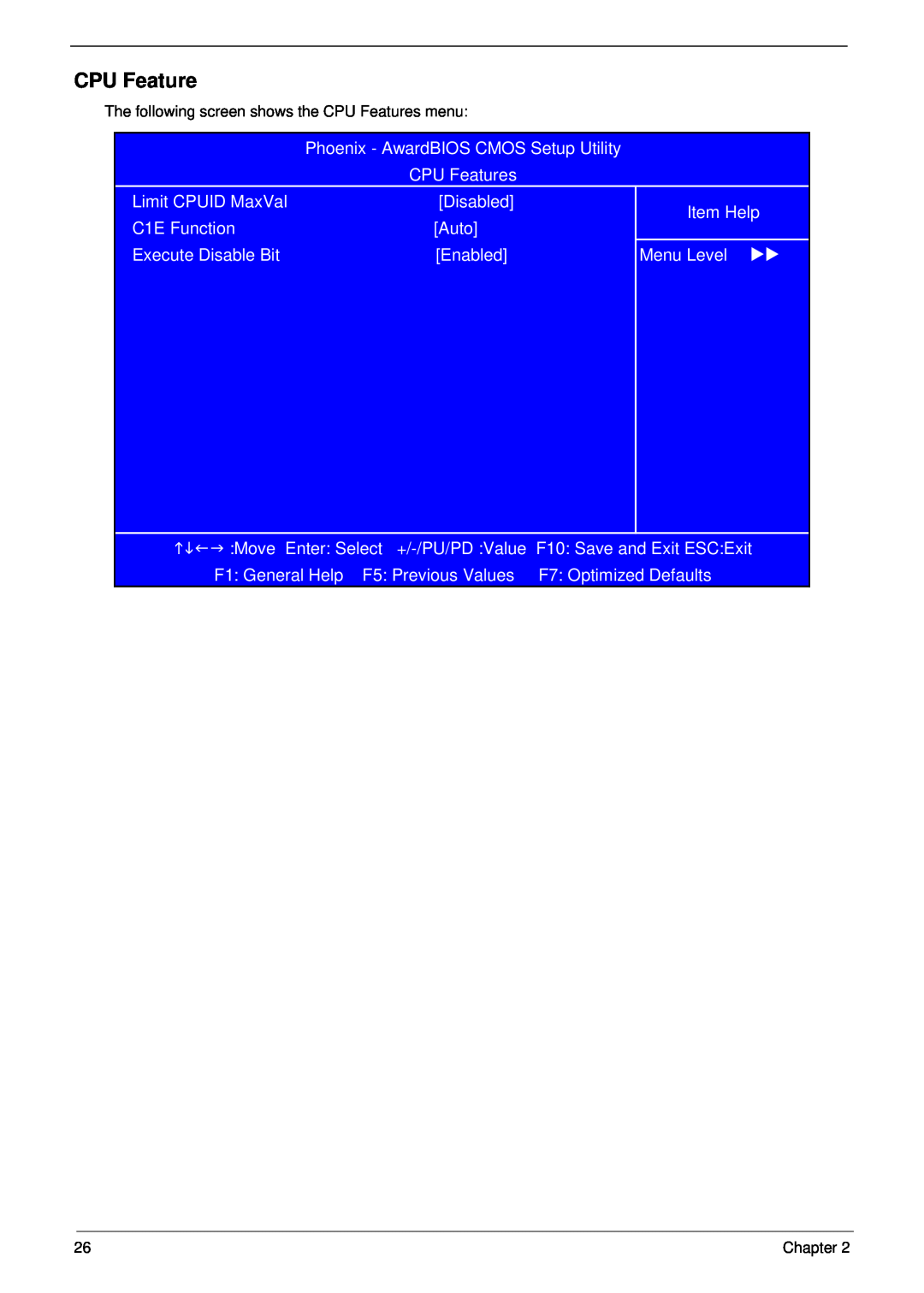 Aspire Digital M1610, M261 manual The following screen shows the CPU Features menu 