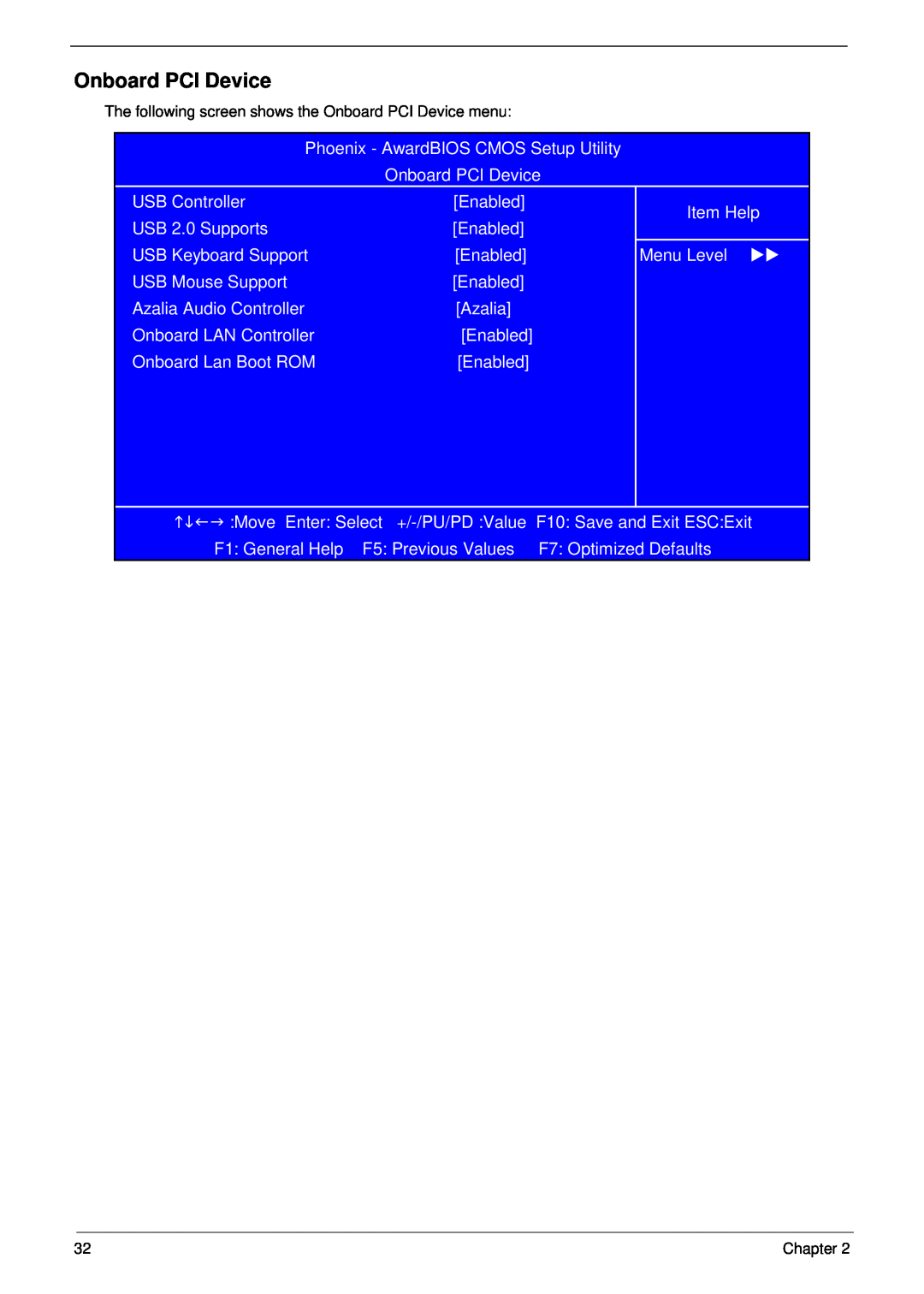 Aspire Digital M1610, M261 manual The following screen shows the Onboard PCI Device menu 