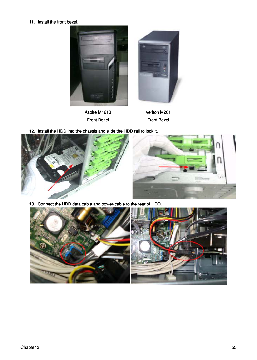 Aspire Digital manual Install the front bezel, Veriton M261, Front Bezel, Chapter, Aspire M1610 