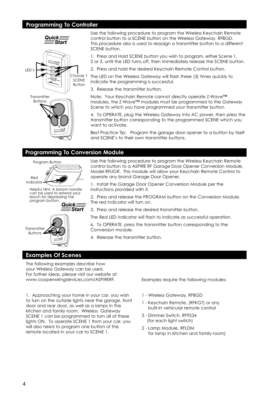 Aspire Digital RFKGT manual Programming To Controller, Programming To Conversion Module, Examples Of Scenes 