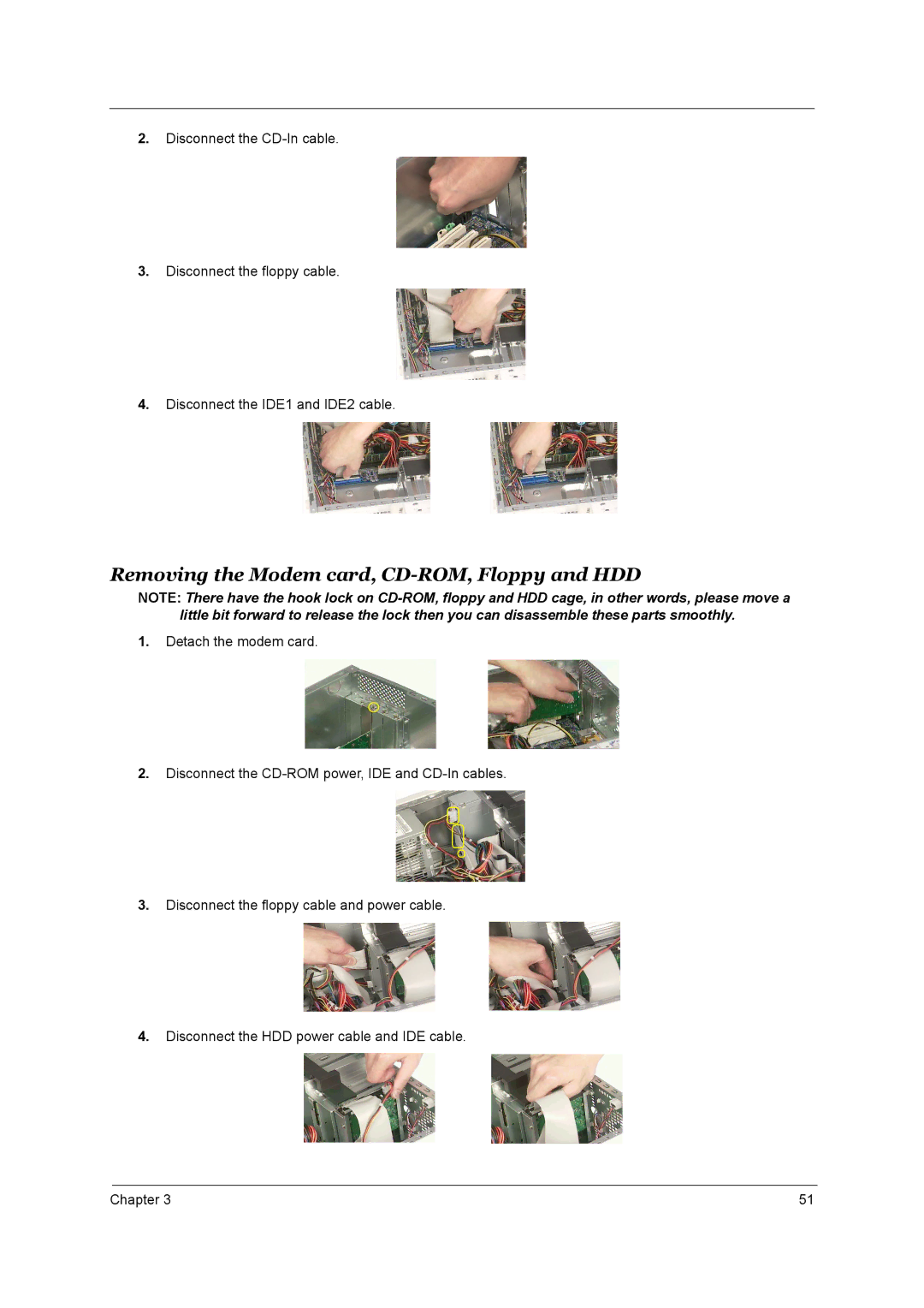 Aspire Digital T130 manual Removing the Modem card, CD-ROM, Floppy and HDD 