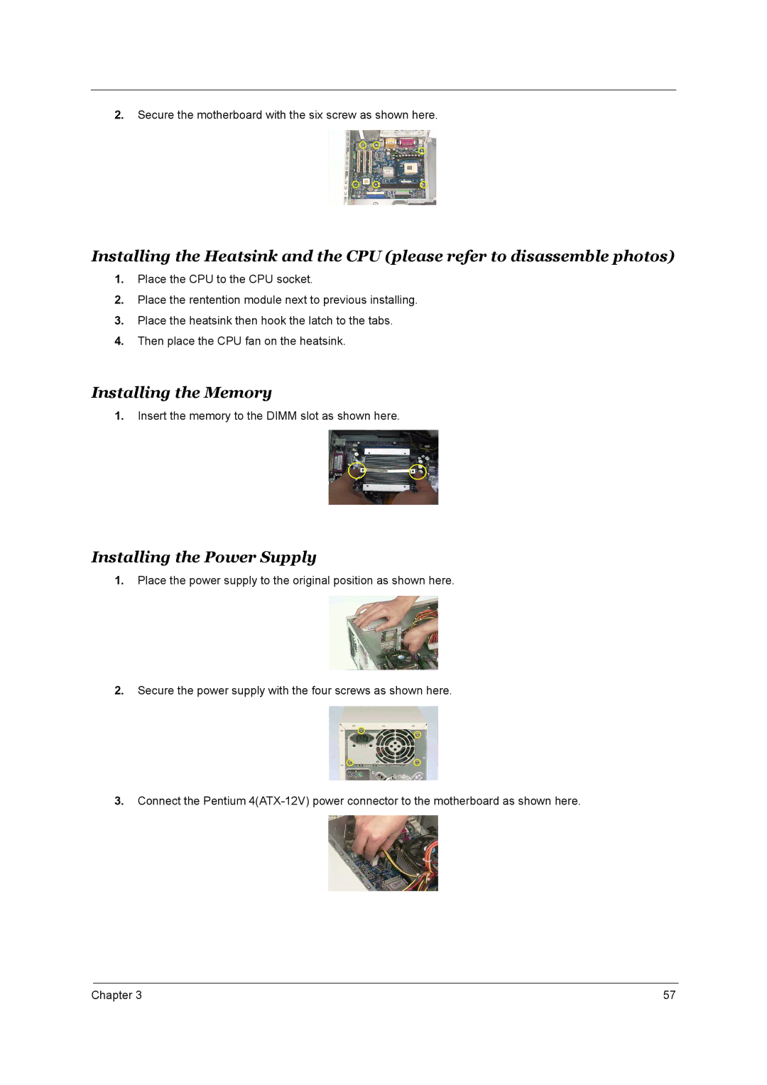 Aspire Digital T130 manual Installing the Memory, Installing the Power Supply 