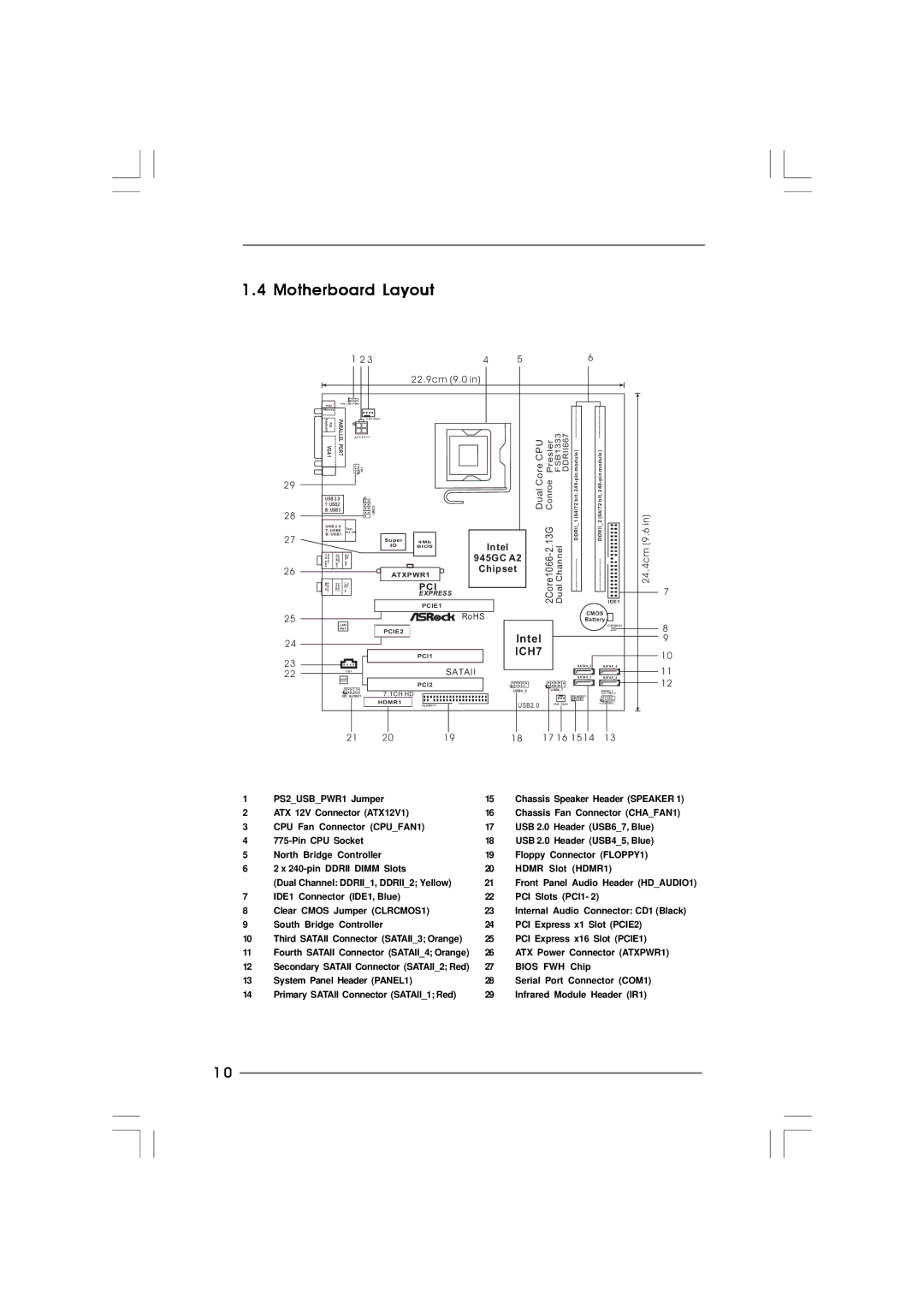 ASRock 2Core1066-2.13G manual Motherboard Layout, 22.9cm 9.0 