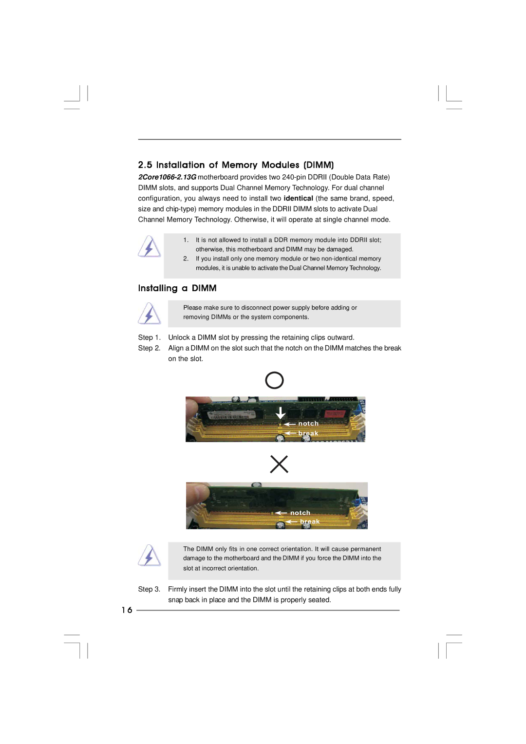 ASRock 2Core1066-2.13G manual Installation of Memory Modules Dimm, Installing a Dimm 