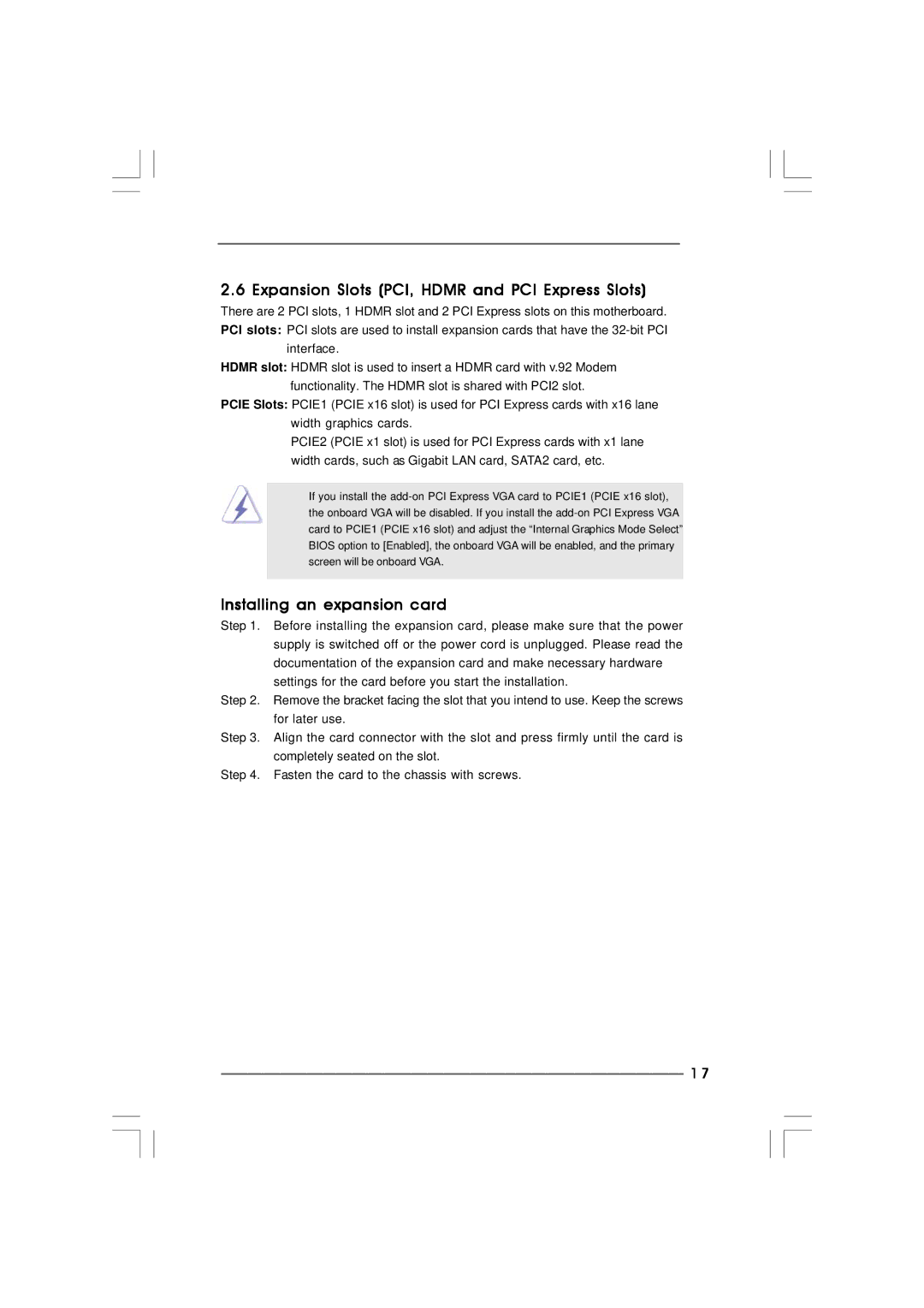 ASRock 2Core1066-2.13G manual Expansion Slots PCI, Hdmr and PCI Express Slots, Installing an expansion card 