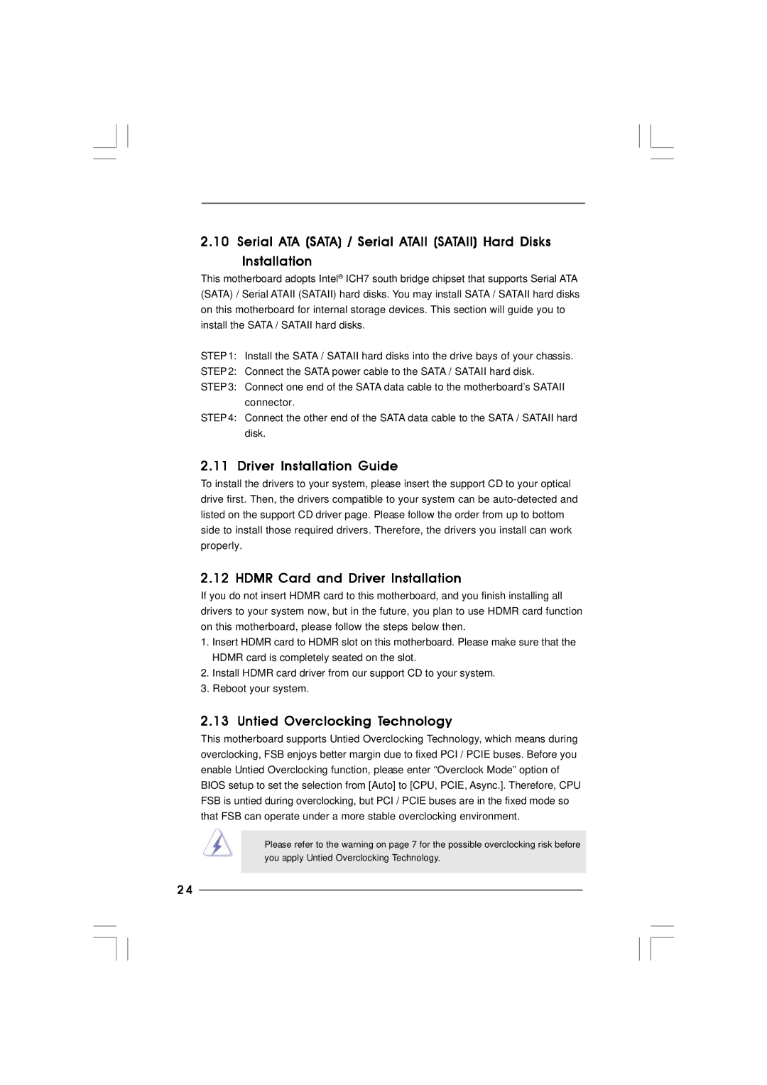 ASRock 2Core1066-2.13G manual Driver Installation Guide, Hdmr Card and Driver Installation, Untied Overclocking Technology 