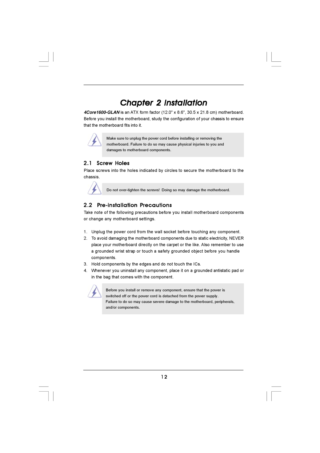 ASRock 4CORE1600-GLAN manual Screw Holes, Pre-installation Precautions 