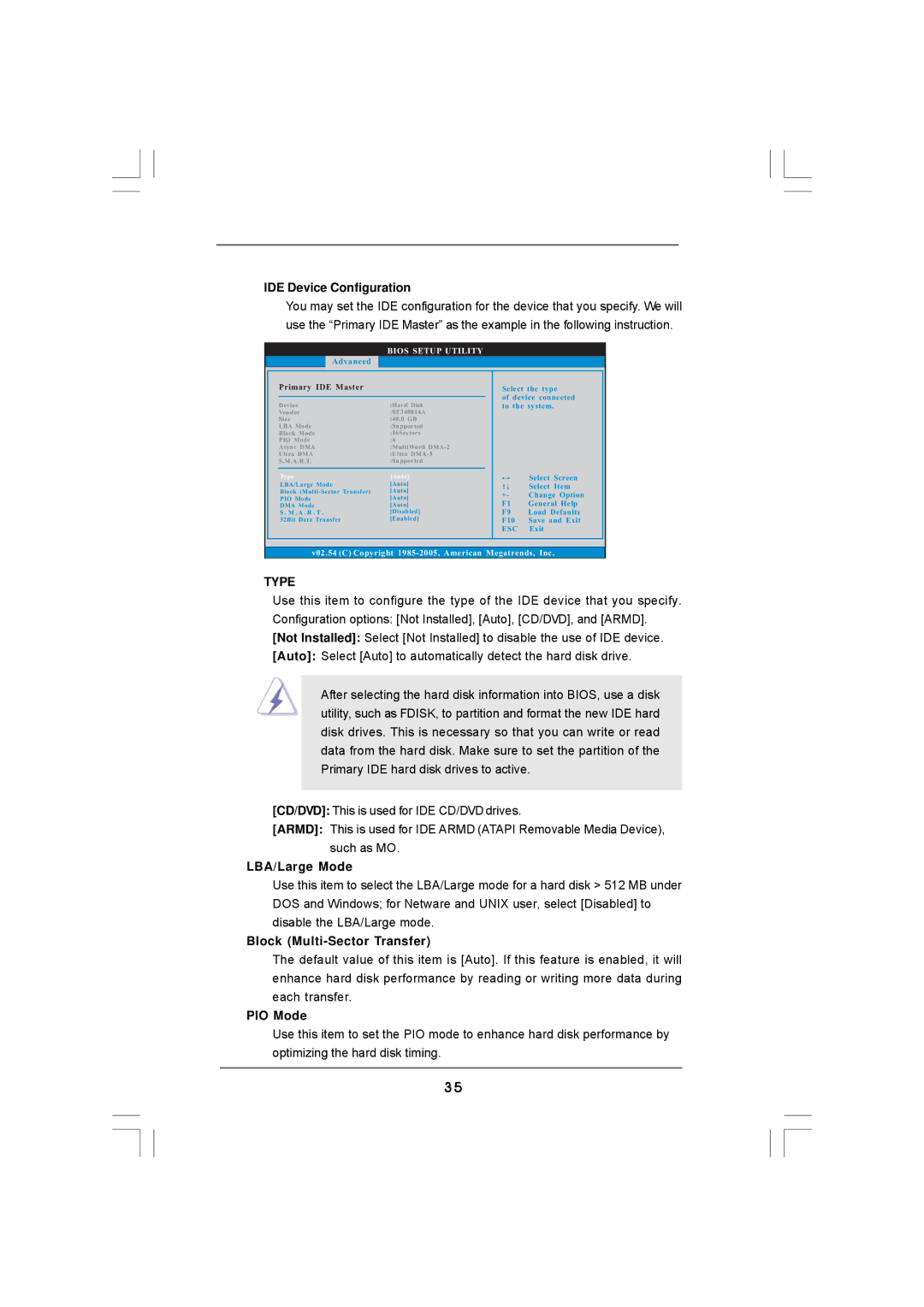 ASRock 4CORE1600-GLAN manual IDE Device Configuration, LBA/Large Mode, Block Multi-Sector Transfer, PIO Mode 