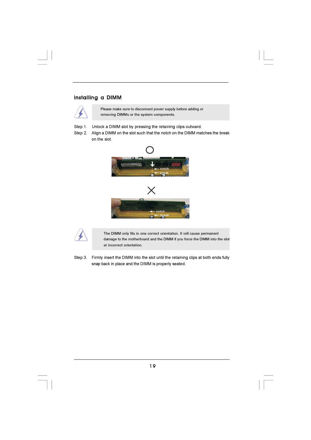 ASRock 4CORE1600TWINS-P35D manual Installing a Dimm 