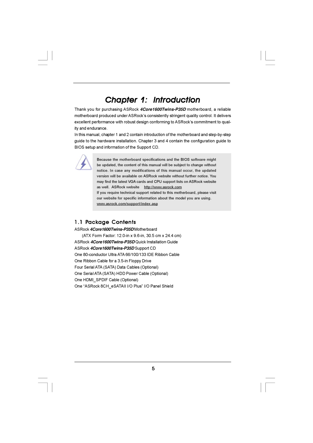 ASRock 4CORE1600TWINS-P35D manual Introduction, Package Contents 