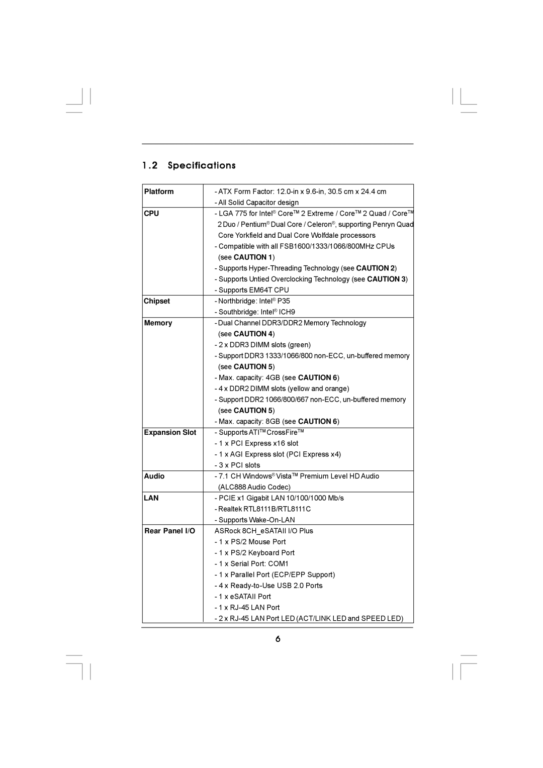 ASRock 4CORE1600TWINS-P35D manual Specifications 