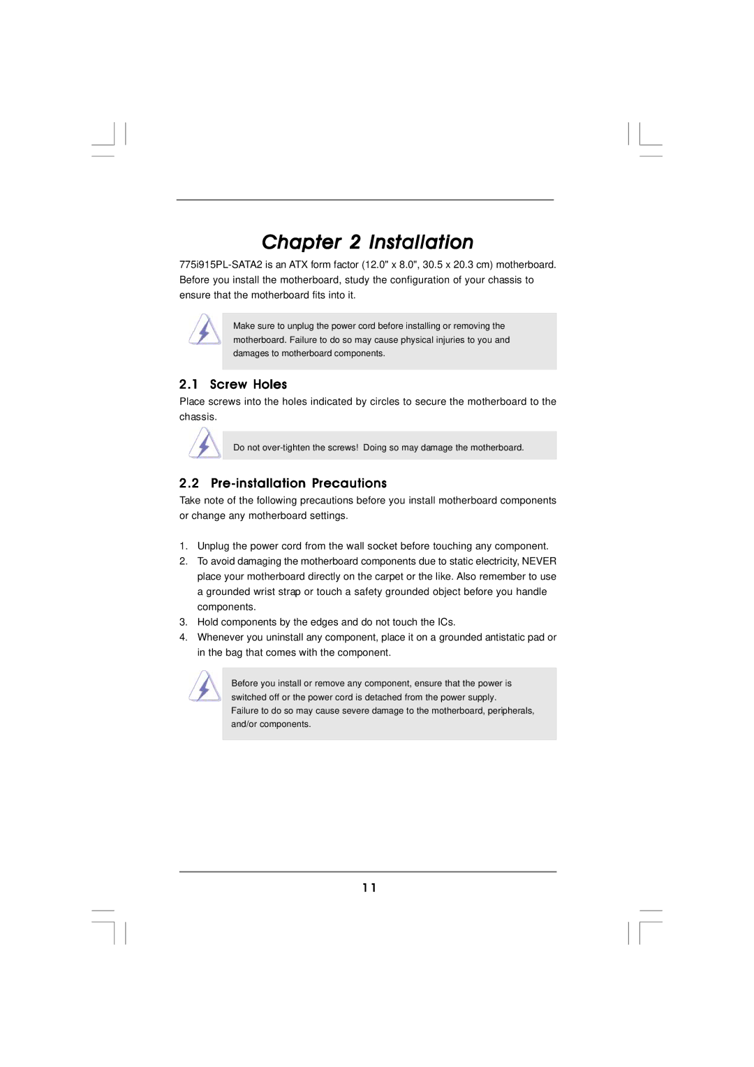 ASRock 775i915PL-SATA2 manual Screw Holes, Pre-installation Precautions 