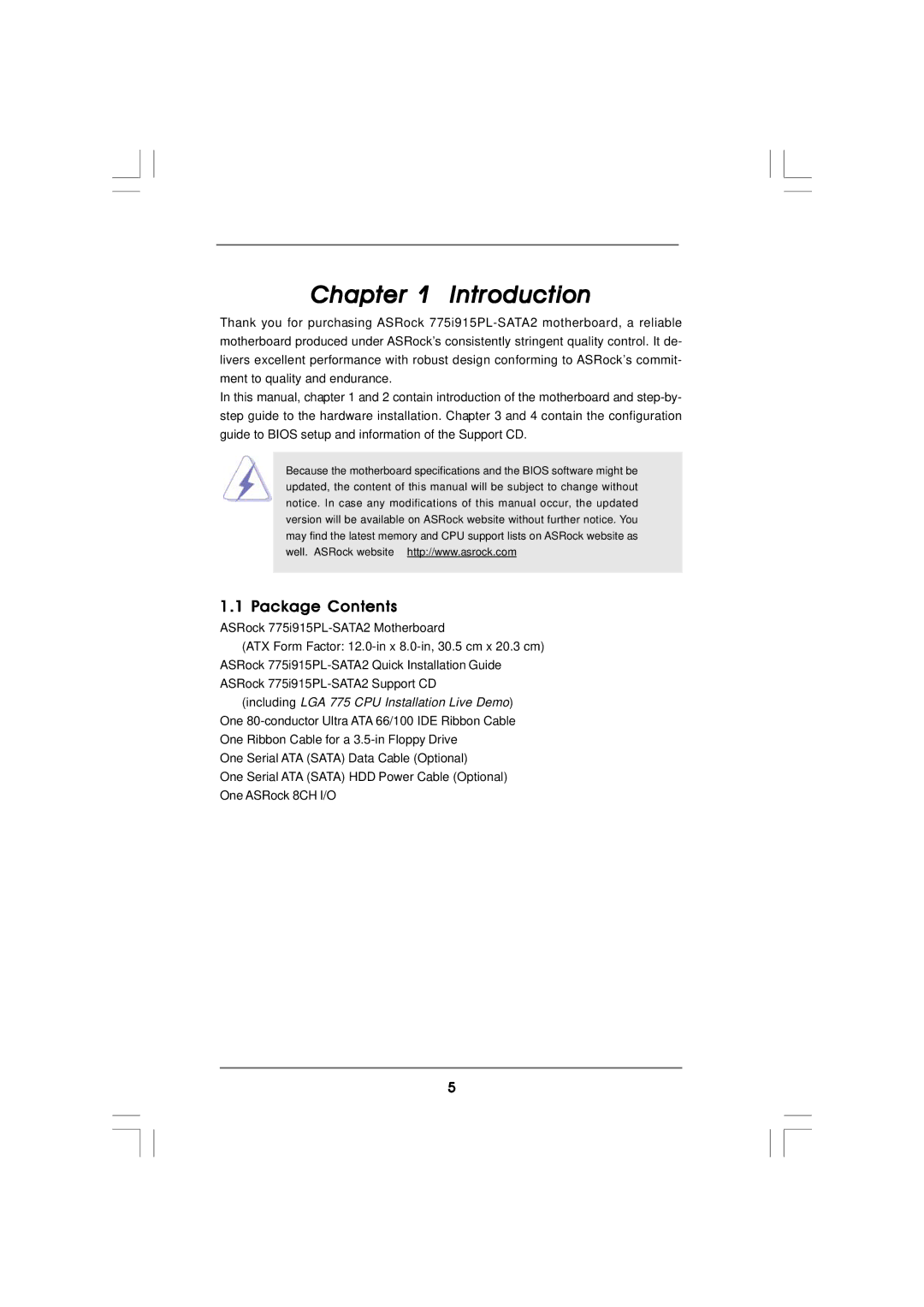 ASRock 775i915PL-SATA2 manual Introduction, Package Contents 