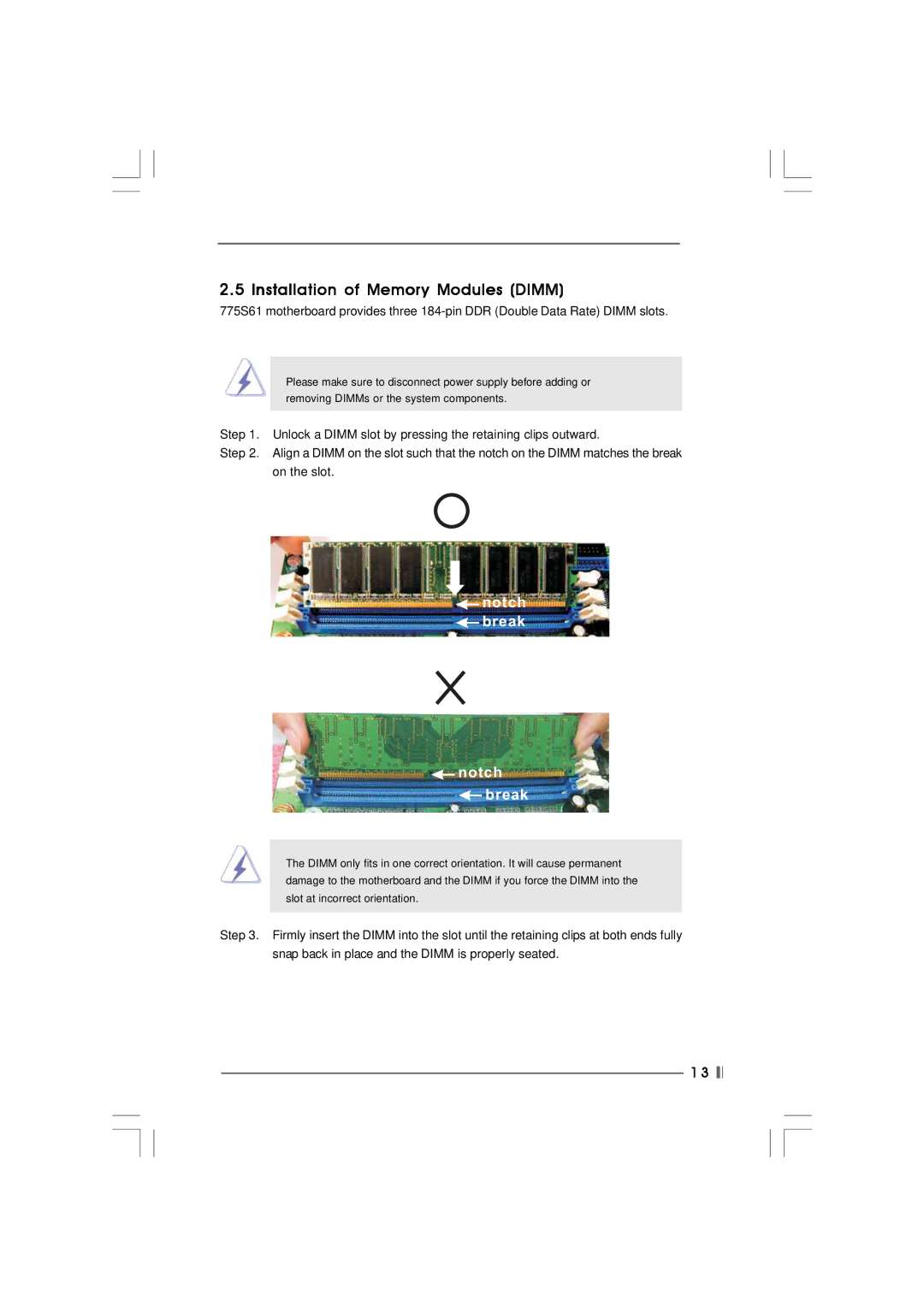 ASRock 775S61 manual Installation of Memory Modules Dimm, Notch break 