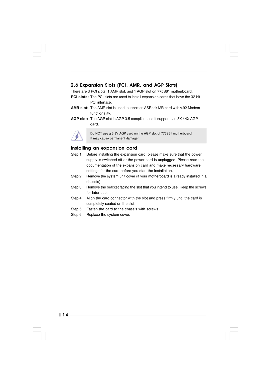 ASRock 775S61 manual Expansion Slots PCI, AMR, and AGP Slots, Installing an expansion card 