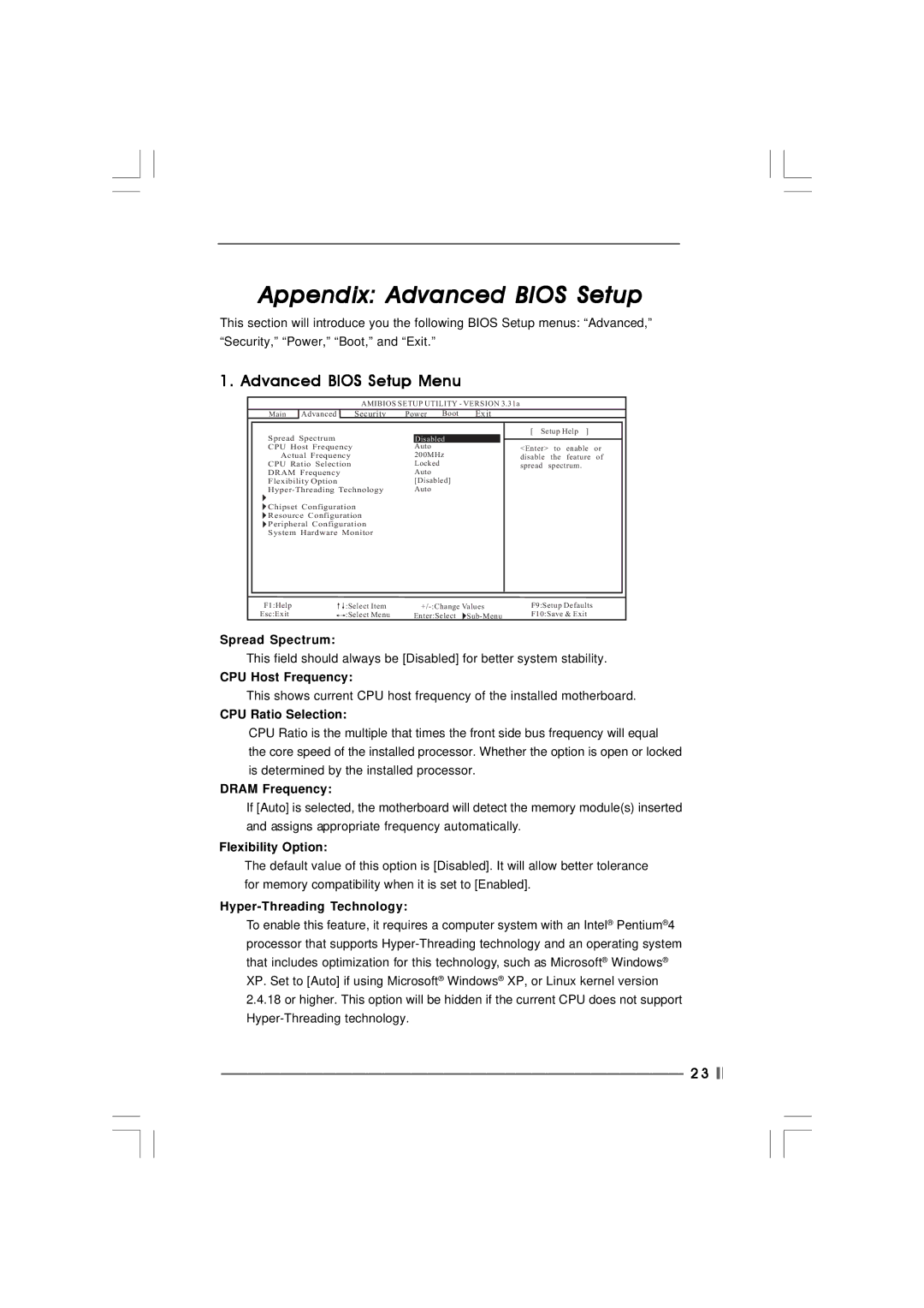 ASRock 775S61 manual Appendix Advanced Bios Setup, Advanced Bios Setup Menu 