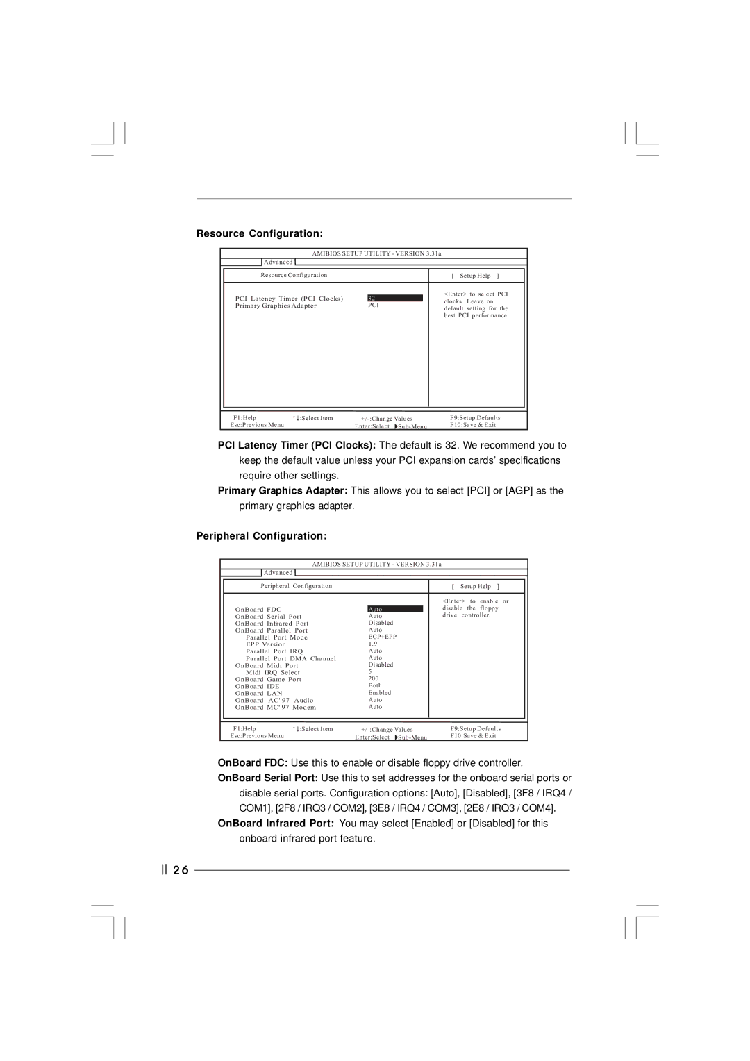 ASRock 775S61 manual Resource Configuration, Peripheral Configuration 