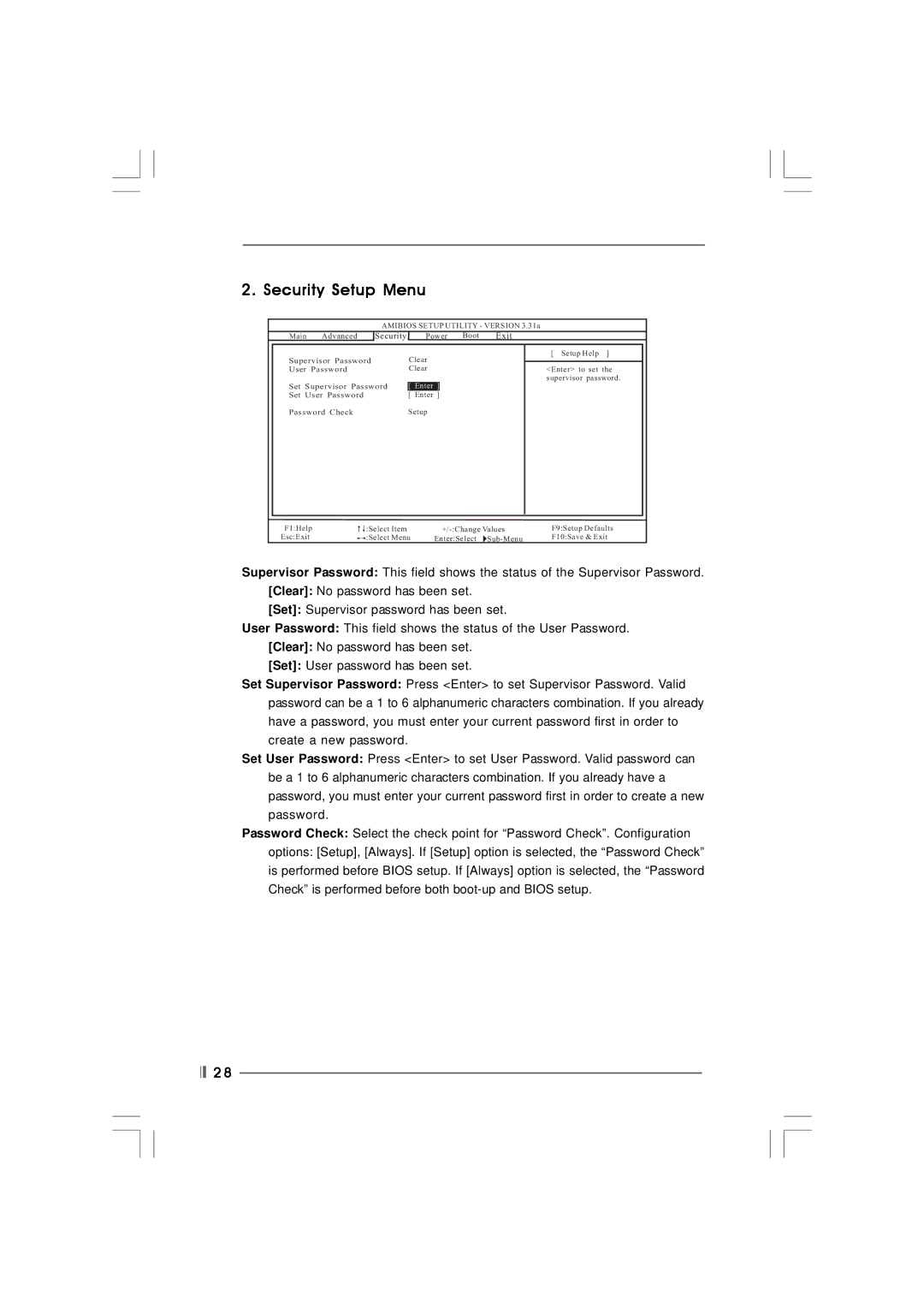 ASRock 775S61 manual Security Setup Menu, Enter 