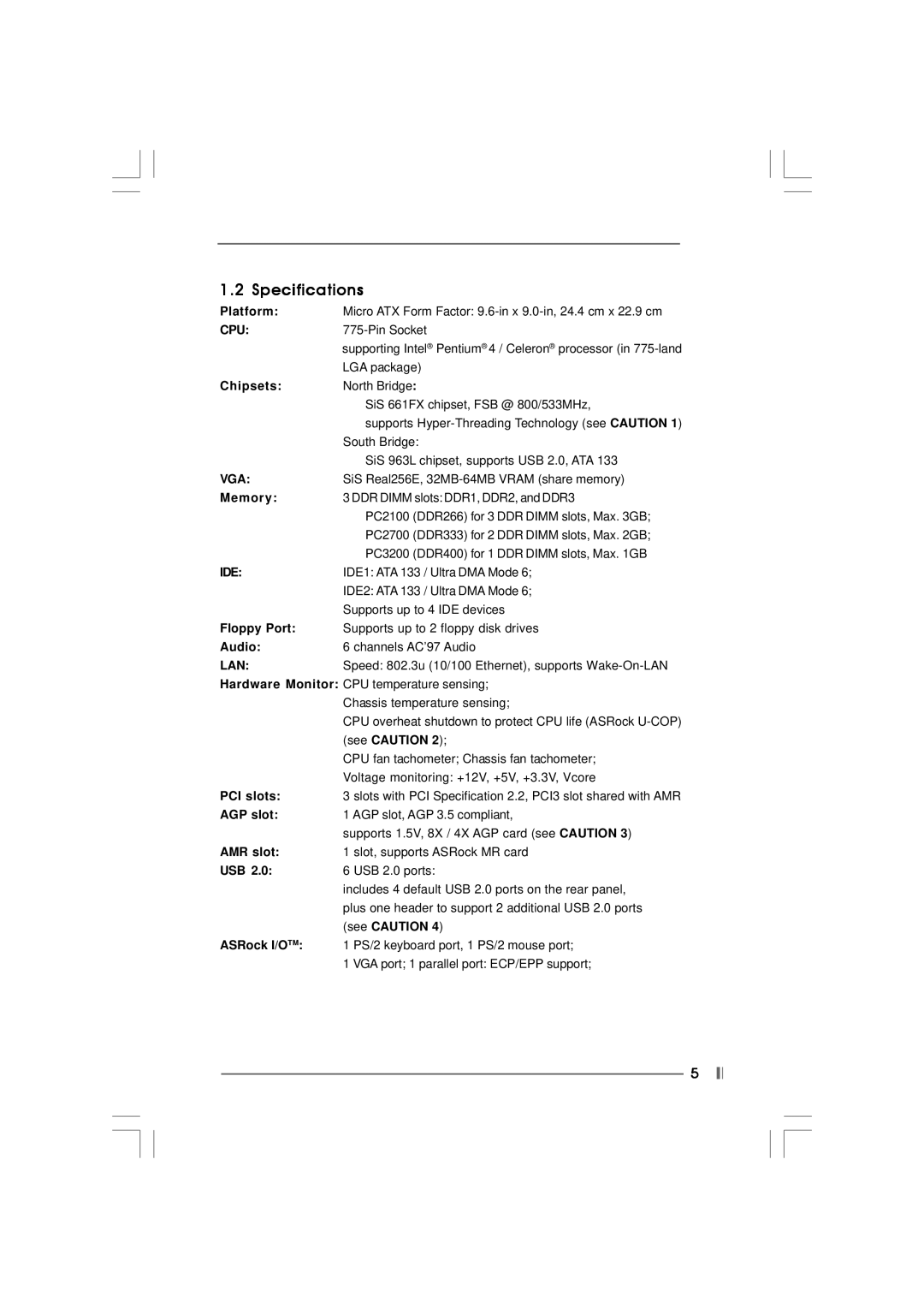 ASRock 775S61 manual Specifications, Cpu, Vga, Ide, Lan 