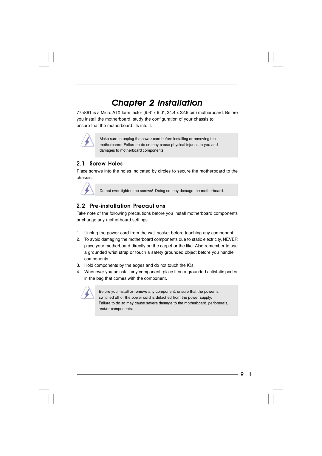 ASRock 775S61 manual Installation, Screw Holes, Pre-installation Precautions 