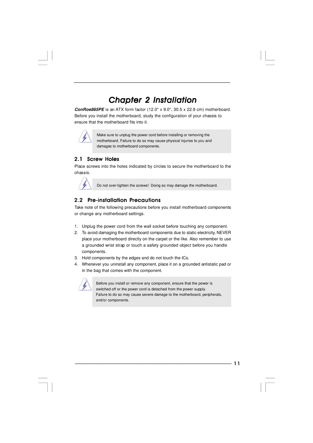 ASRock 865PE manual Screw Holes, Pre-installation Precautions 