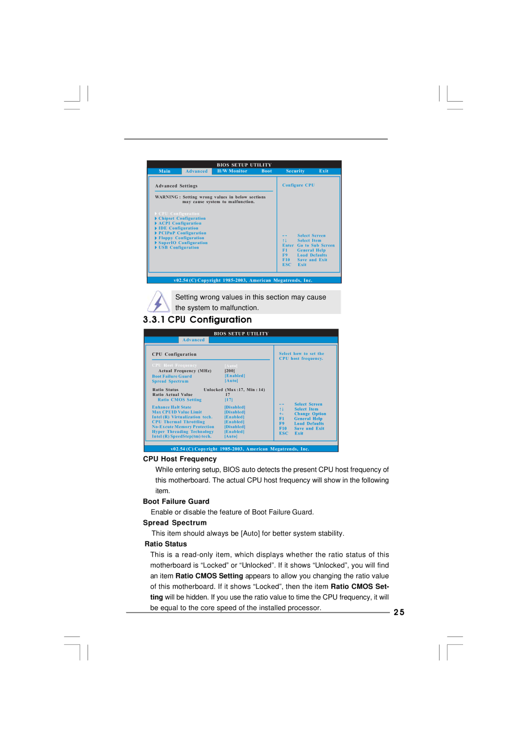 ASRock 865PE manual CPU Configuration, CPU Host Frequency, Boot Failure Guard, Spread Spectrum, Ratio Status 