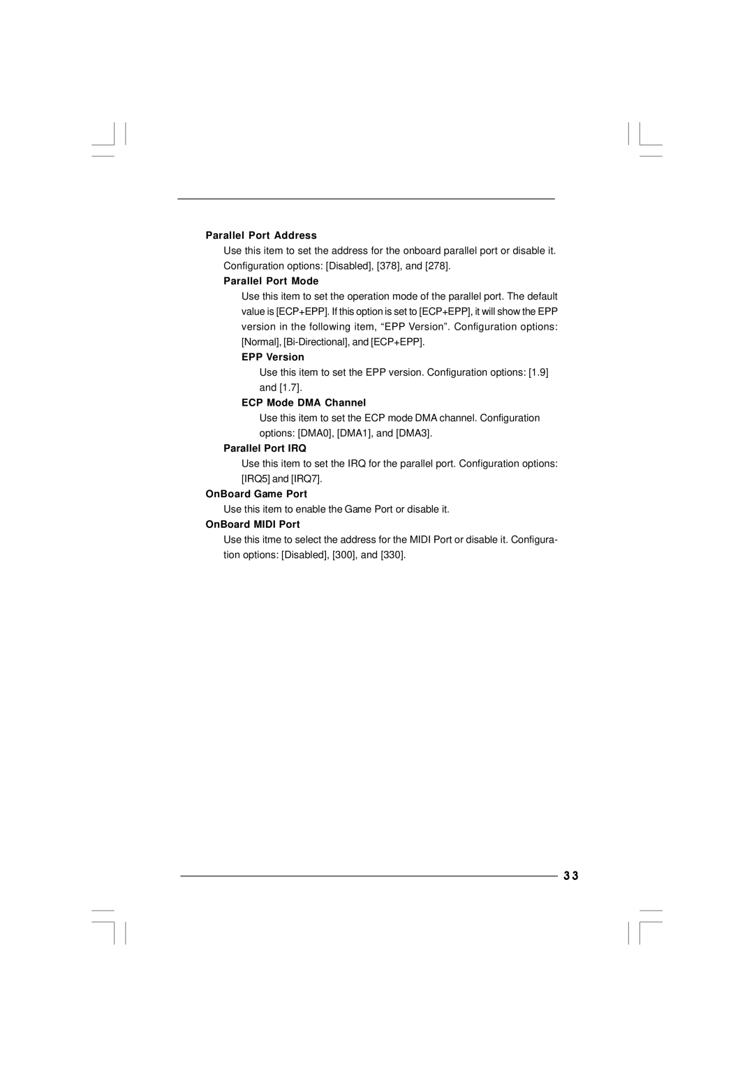 ASRock 865PE manual Parallel Port Address, Parallel Port Mode, EPP Version, ECP Mode DMA Channel, Parallel Port IRQ 