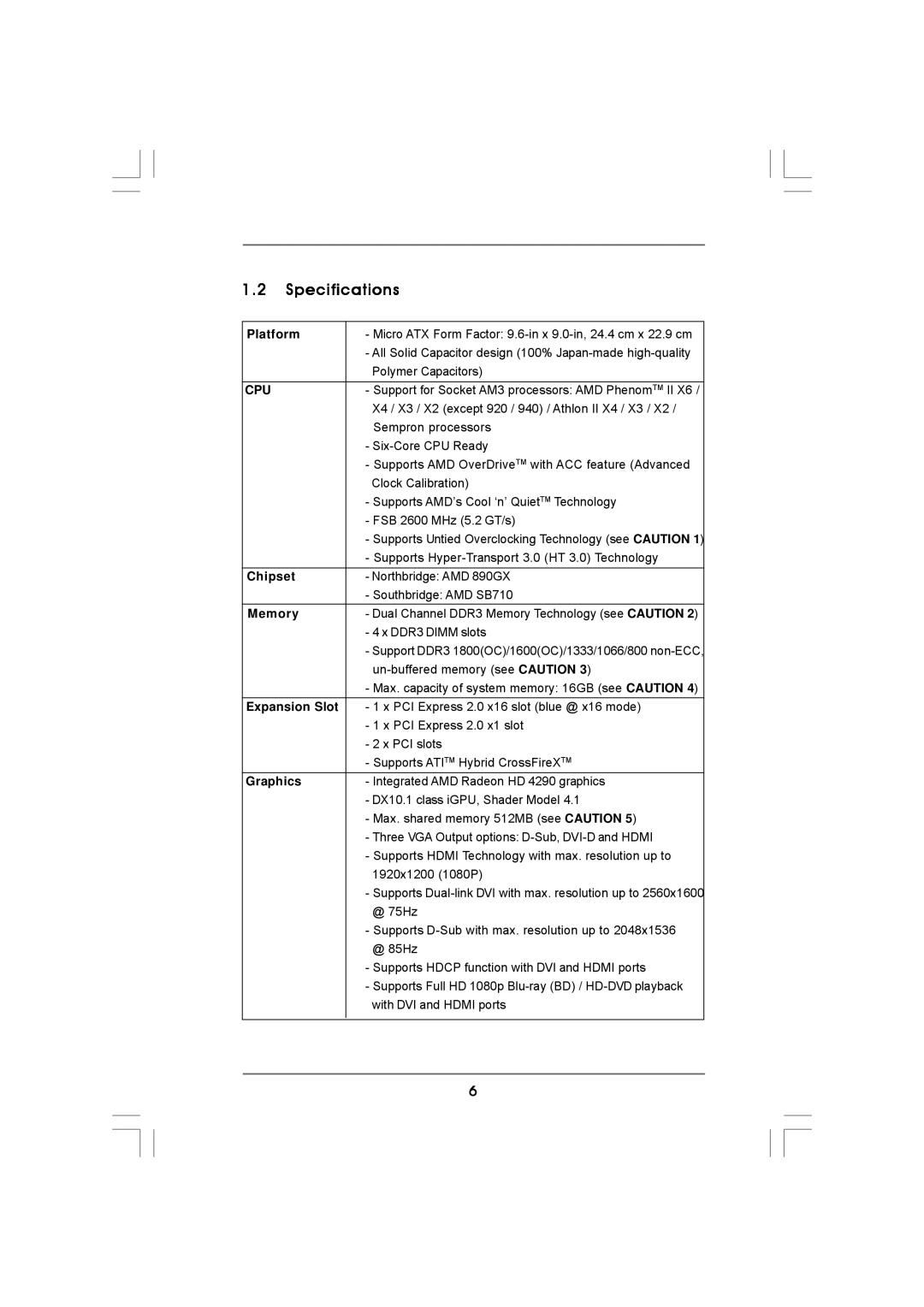 ASRock 890GMH/USB3 manual Specifications, Cpu 