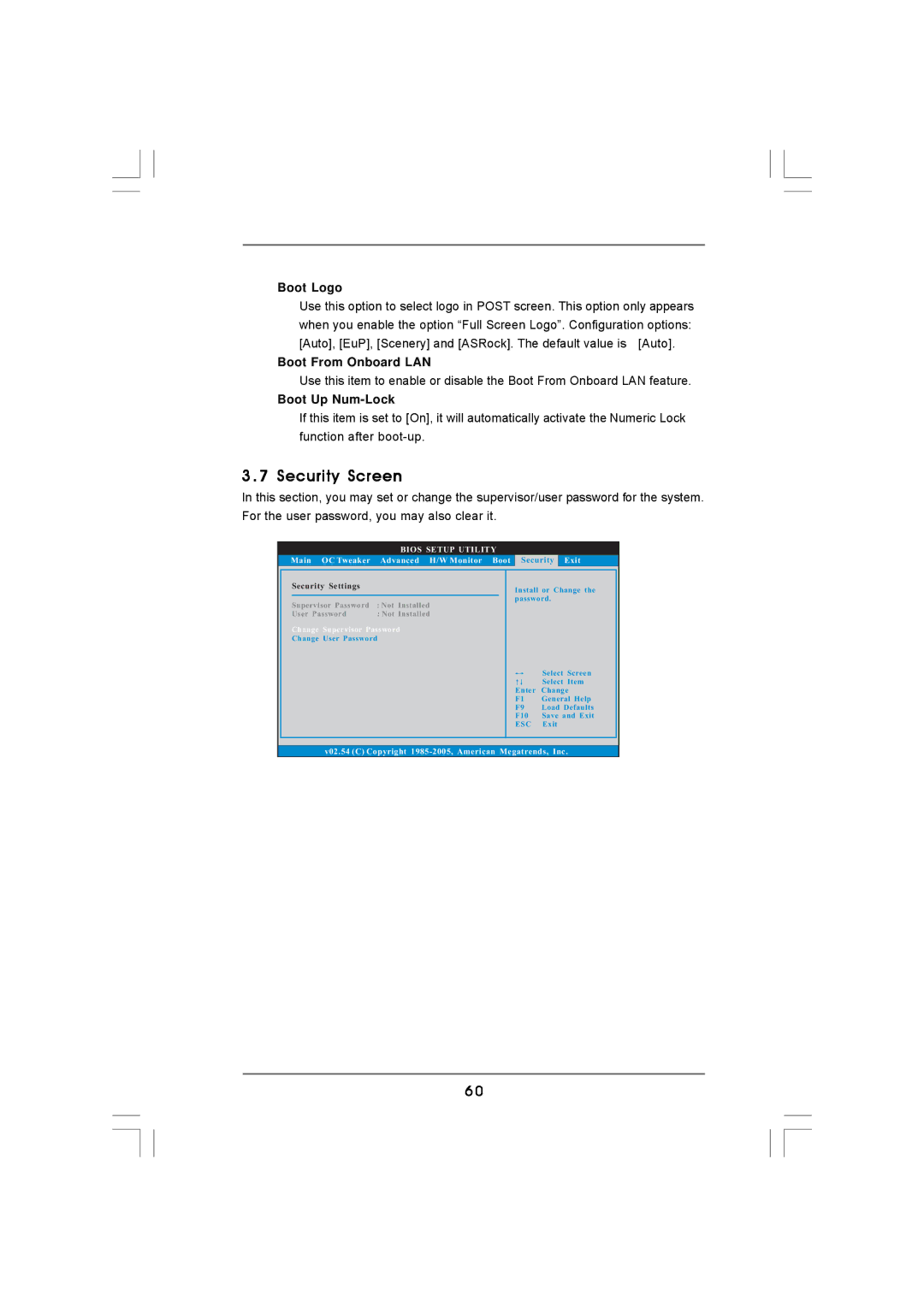 ASRock 890GMH/USB3 manual Security Screen, Boot Logo, Boot From Onboard LAN, Boot Up Num-Lock, Change Supervisor Password 