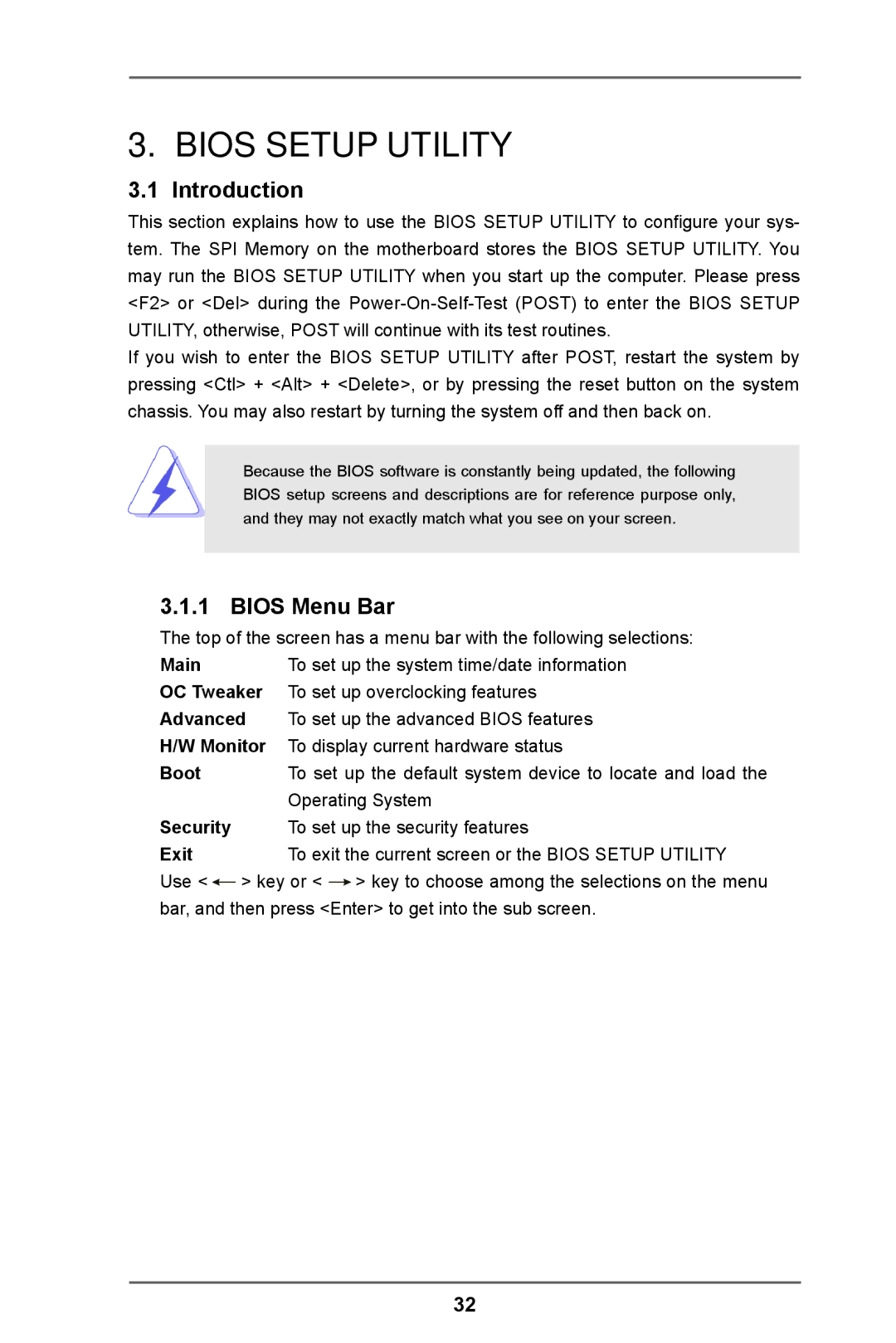 ASRock 960GC-GS FX manual Introduction, Bios Menu Bar 