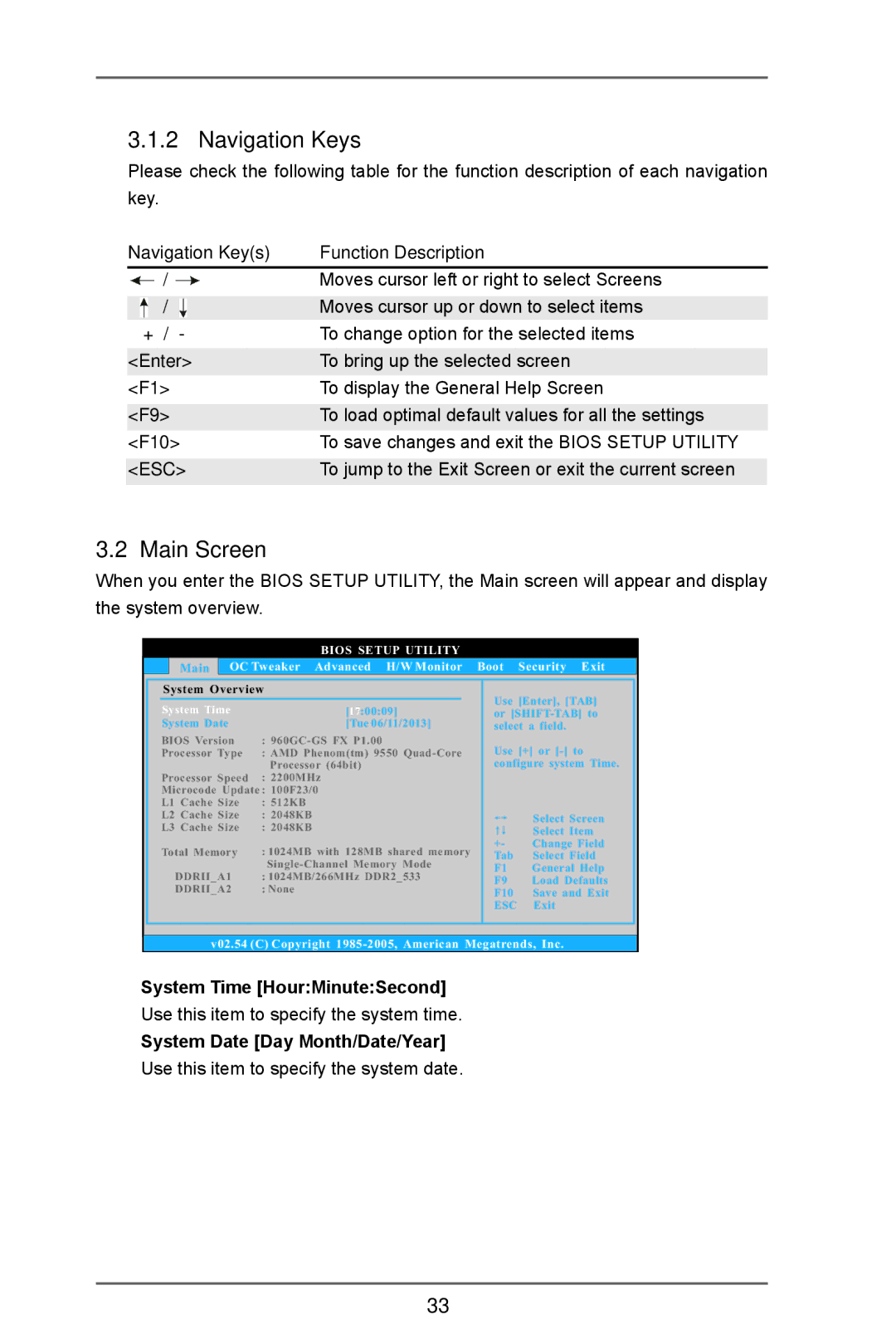 ASRock 960GC-GS FX manual Navigation Keys, Main Screen, To jump to the Exit Screen or exit the current screen 