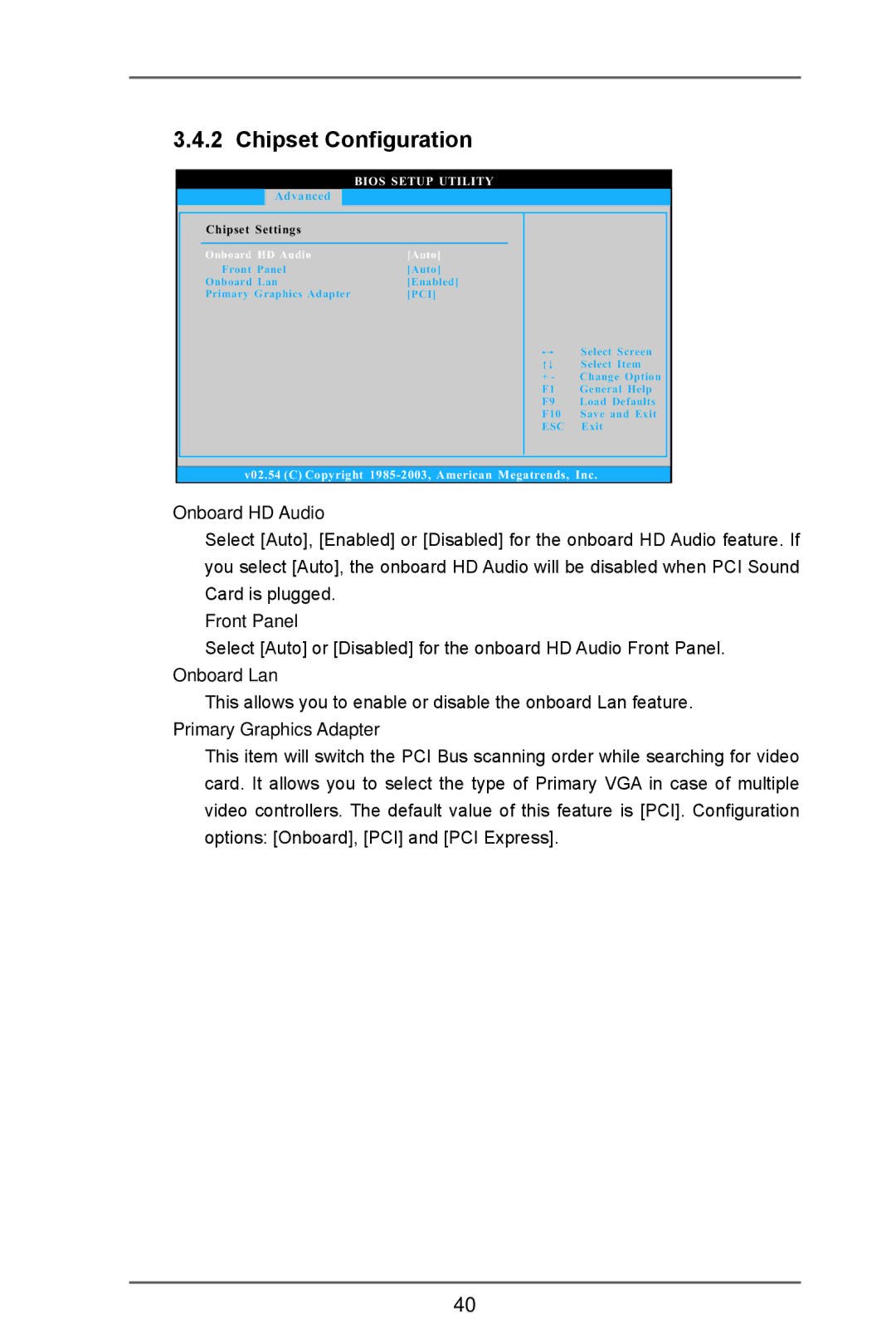 ASRock 960GC-GS FX manual Chipset Configuration, Onboard HD Audio, Front Panel, Onboard Lan, Primary Graphics Adapter 