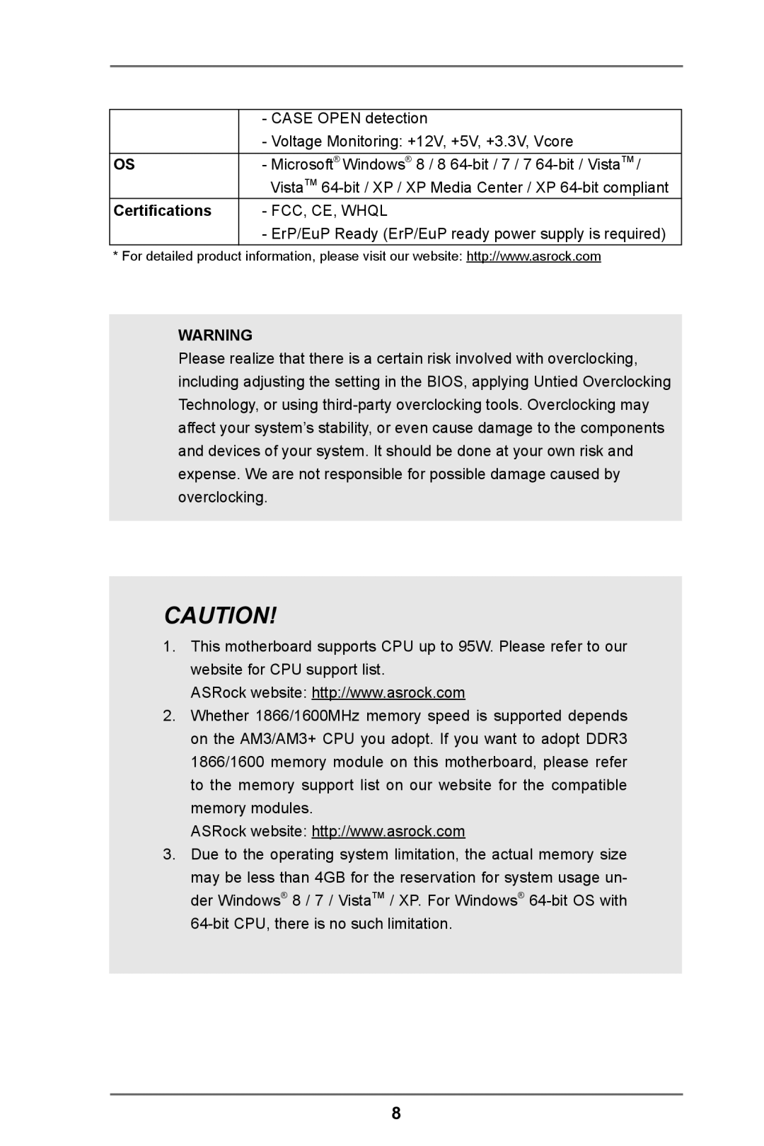 ASRock 960GC-GS FX manual Certifications, FCC, CE, Whql 