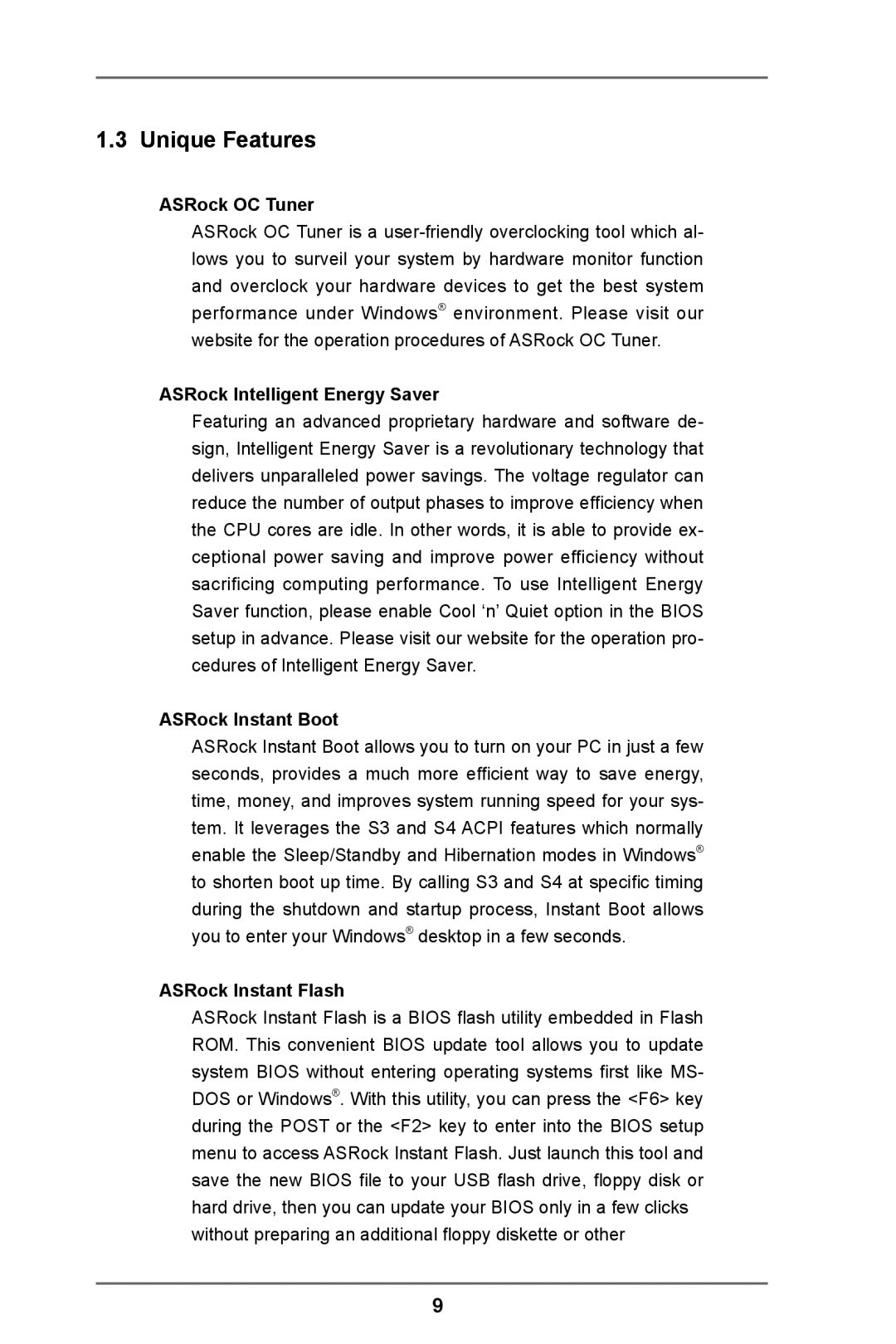 ASRock 960GC-GS FX manual Unique Features, ASRock OC Tuner, ASRock Intelligent Energy Saver, ASRock Instant Boot 