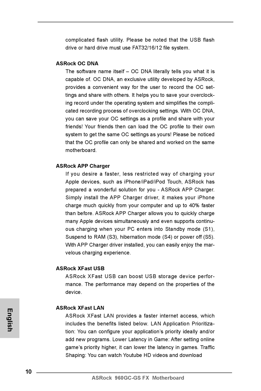 ASRock 960GC-GS FX manual ASRock OC DNA, ASRock APP Charger, ASRock XFast USB, ASRock XFast LAN 