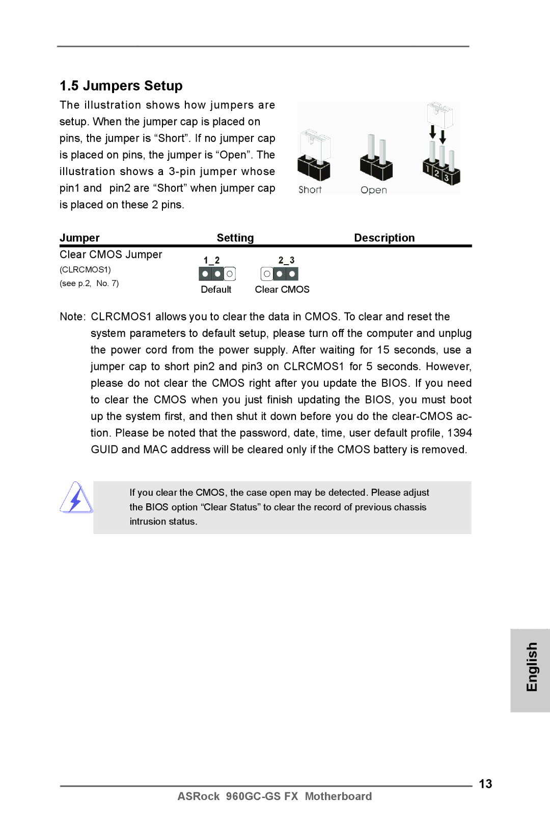 ASRock 960GC-GS FX manual Jumpers Setup, Description 