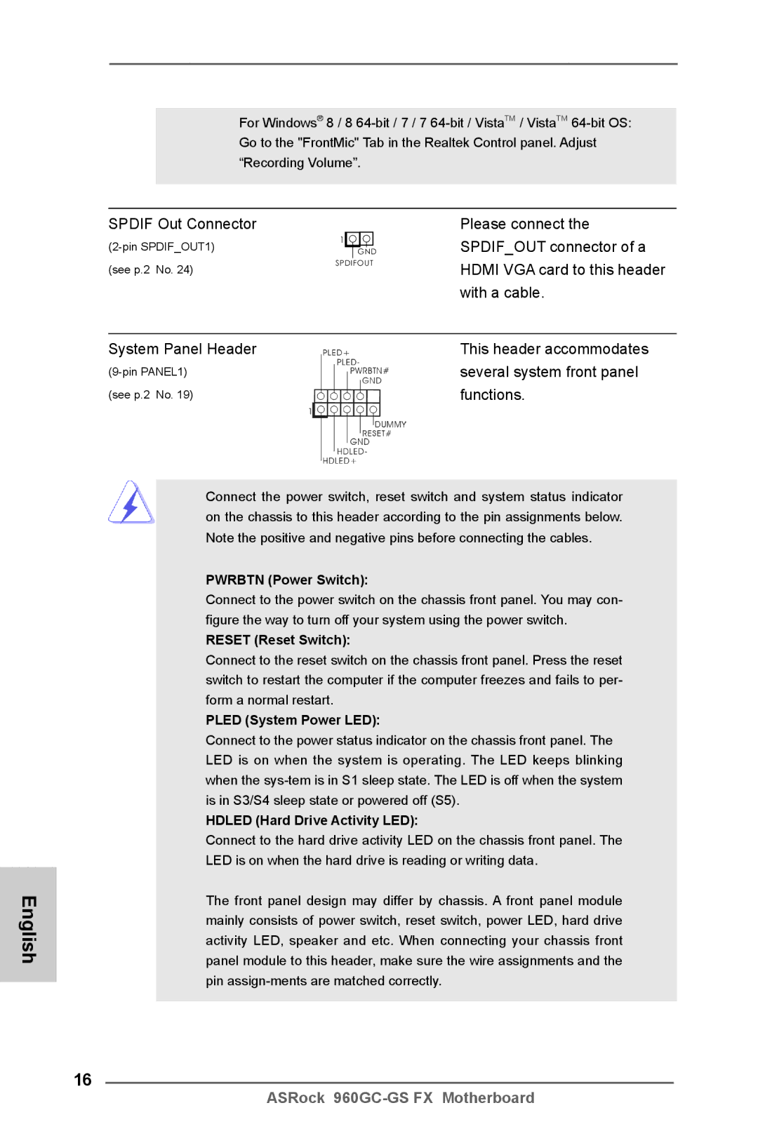 ASRock 960GC-GS FX manual Several system front panel 