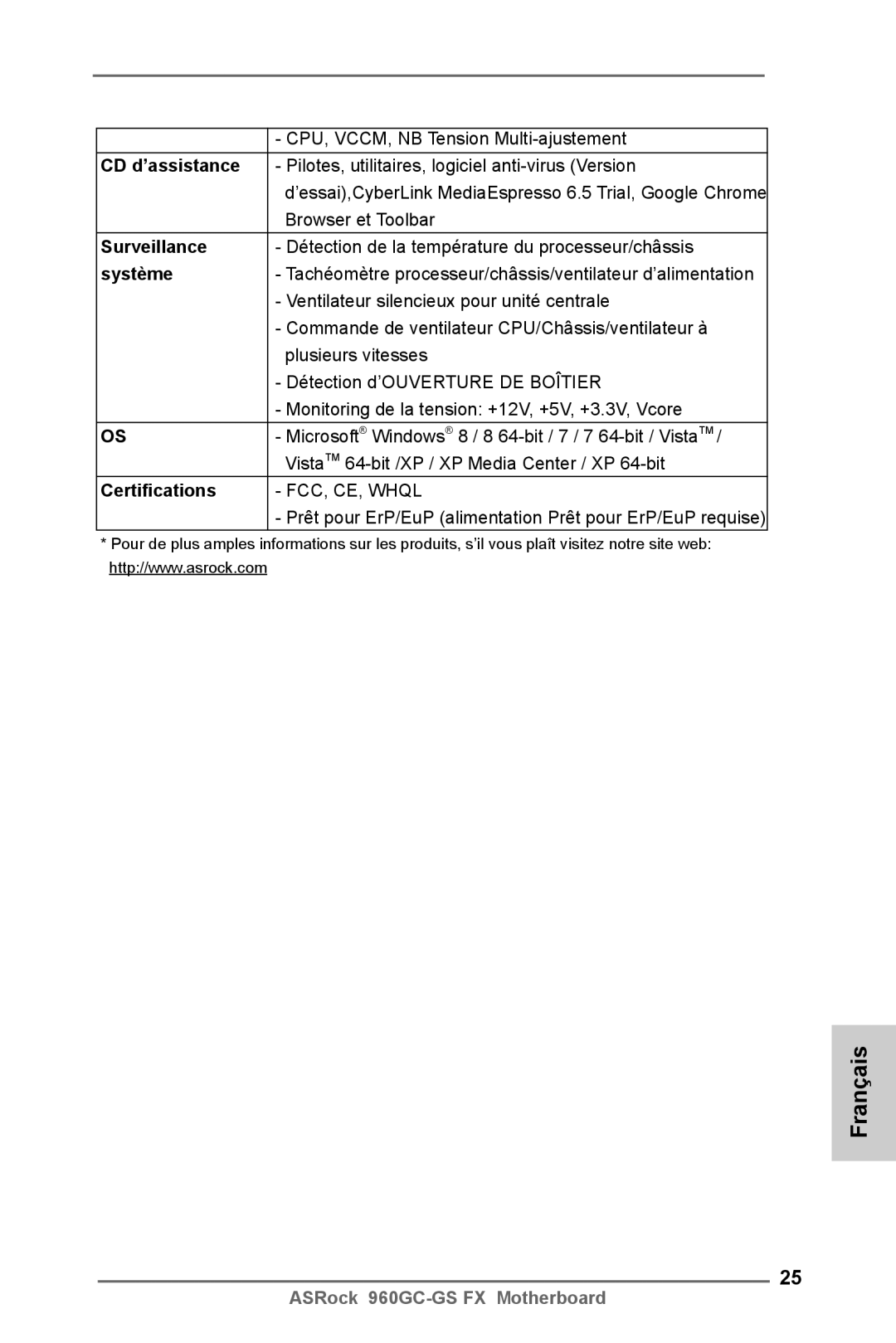 ASRock 960GC-GS FX manual CD d’assistance, Surveillance, Système 