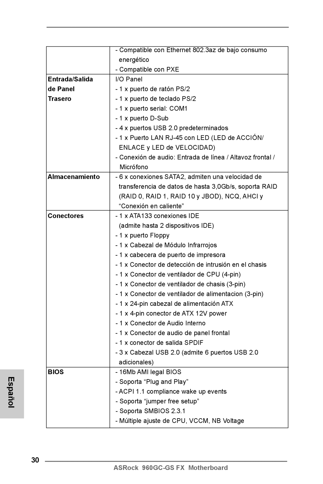 ASRock 960GC-GS FX manual Entrada/Salida, De Panel, Trasero, Almacenamiento, Conectores 