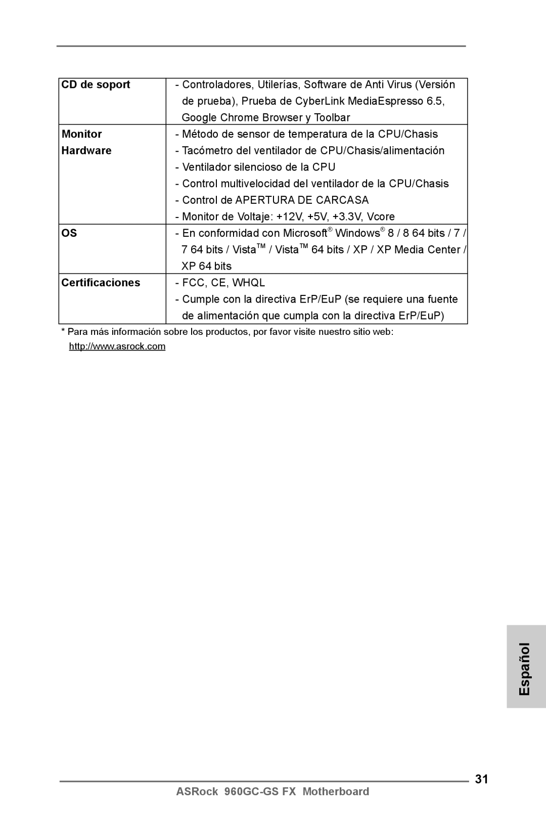 ASRock 960GC-GS FX manual CD de soport, Certificaciones 