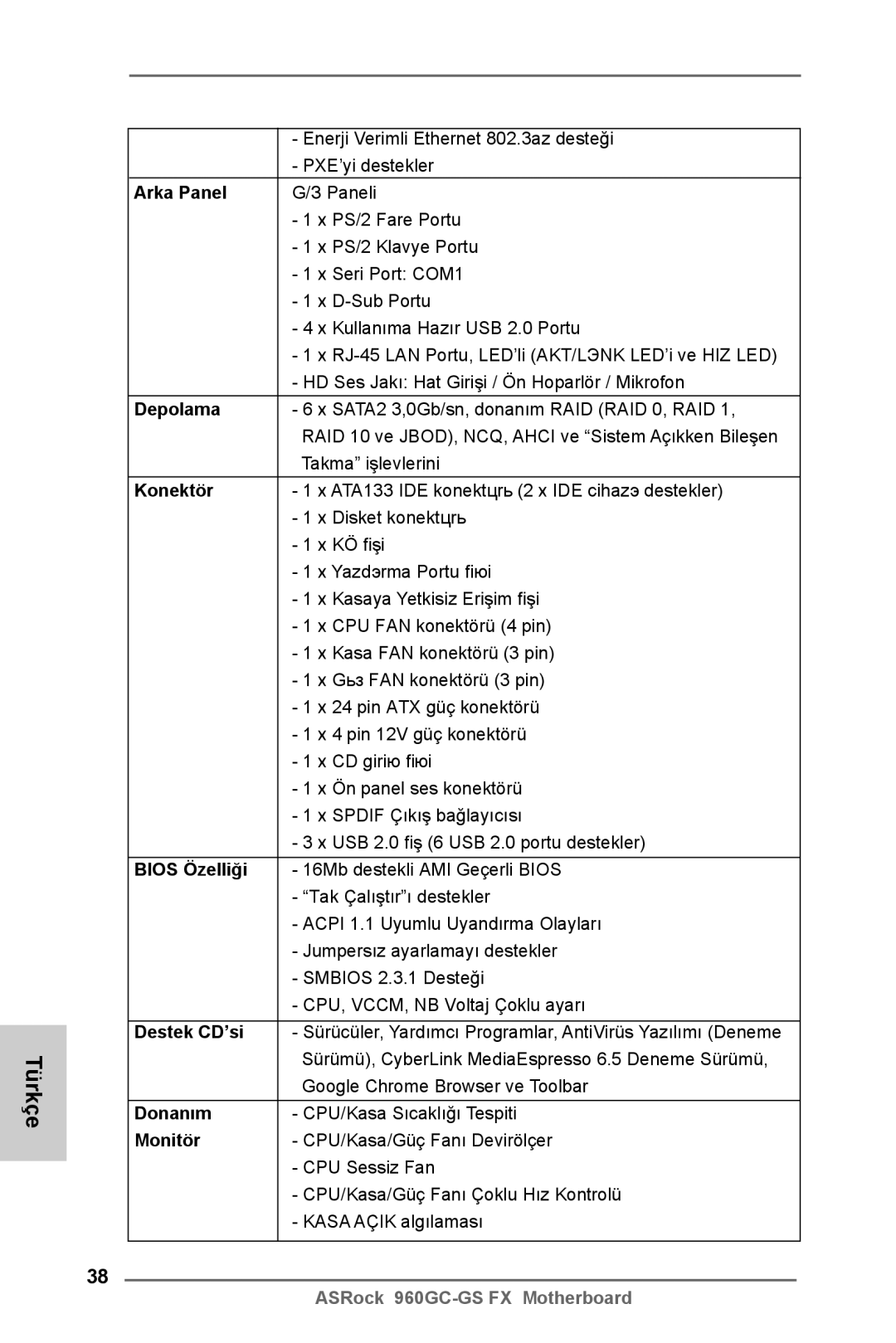 ASRock 960GC-GS FX manual Arka Panel, Depolama, Konektör, Bios Özelliği, Destek CD’si, Donanım, Monitör 